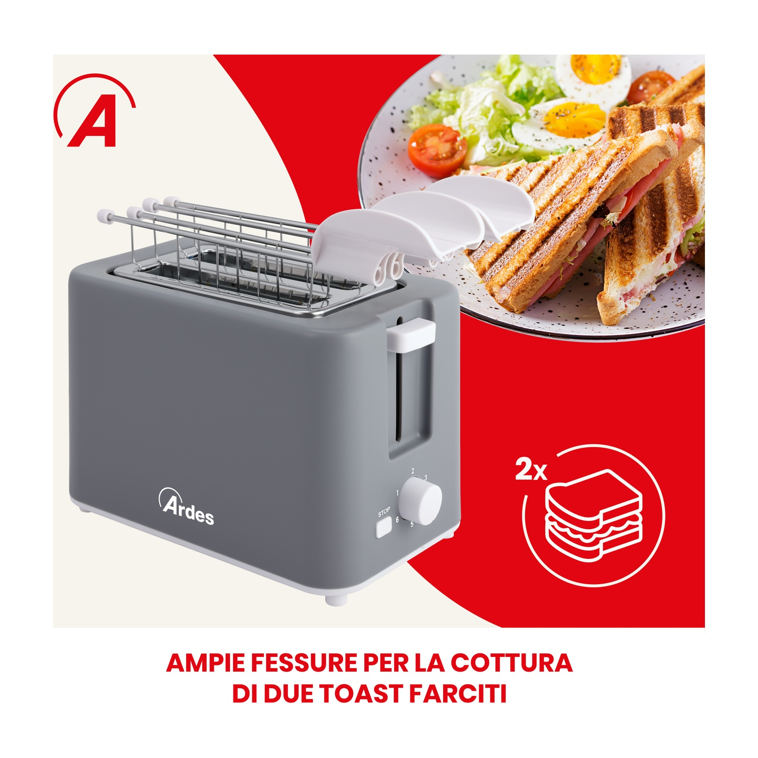 Tostapane grigio con due fessure, e un testo: Fessure ampie per cuocere due toast farciti.