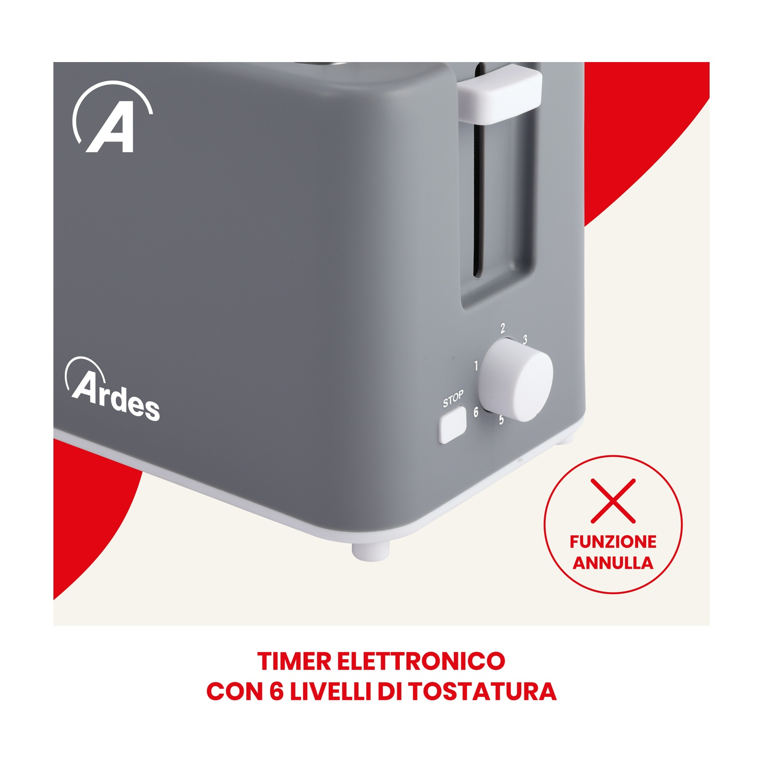 Tostapane grigio con impostazioni e design rosso e bianco.