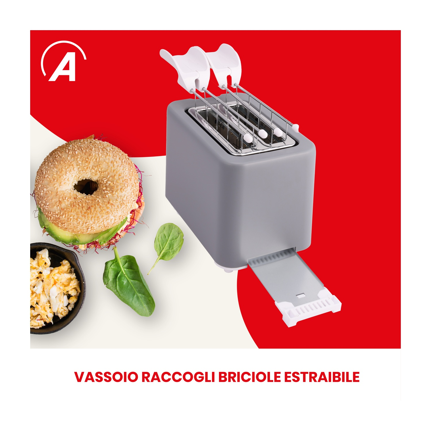 Tostapane con bagel, uova e spinaci su sfondo rosso e bianco.