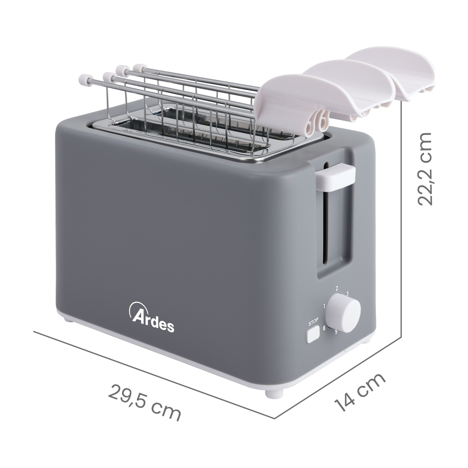 Tostapane grigio con misure: 29,5 cm lungo, 14 cm largo e 22,2 cm alto.