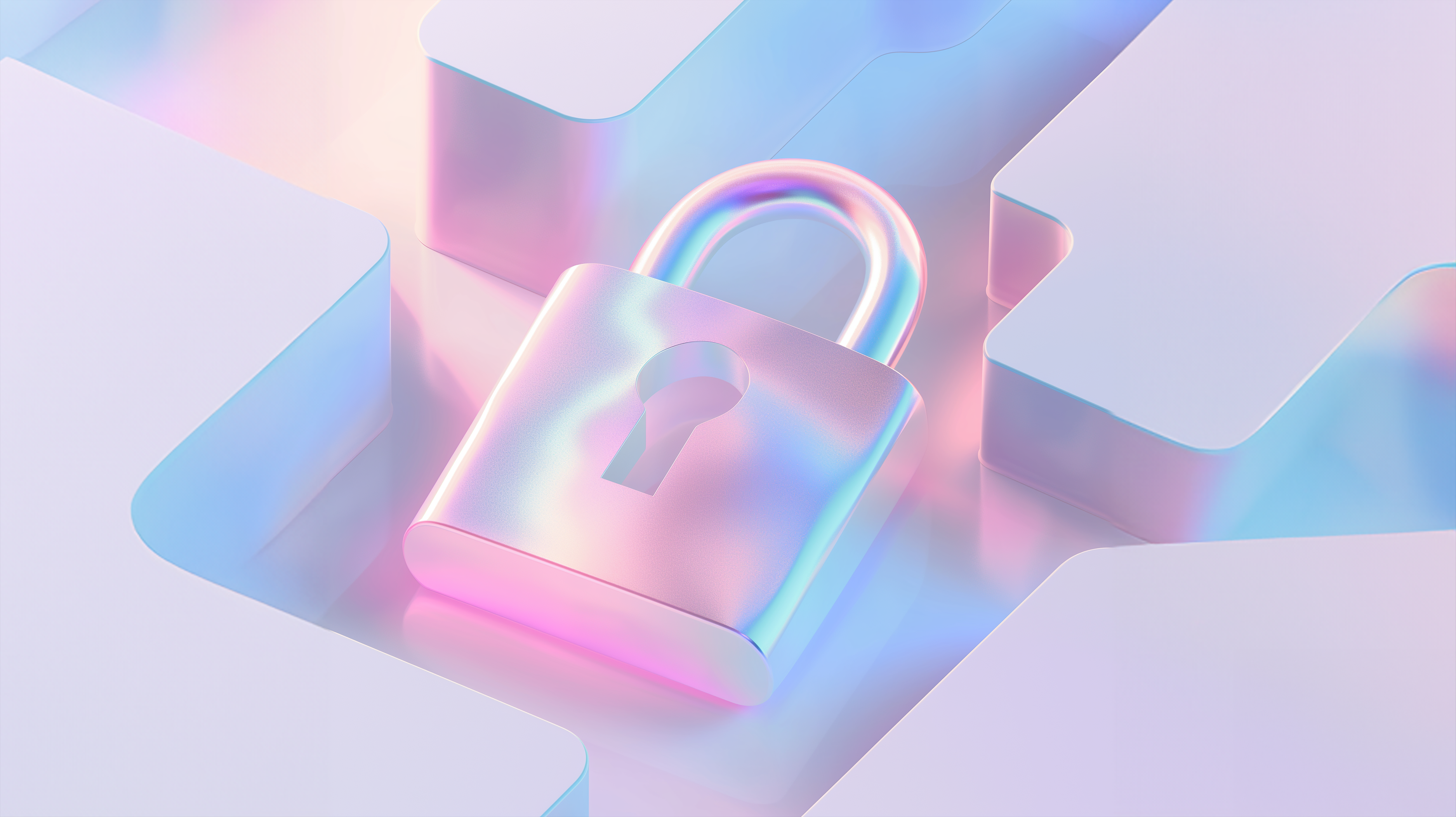 Soyut şekillerle çevrili, açık bir arka plan üzerinde holografik bir asma kilit.