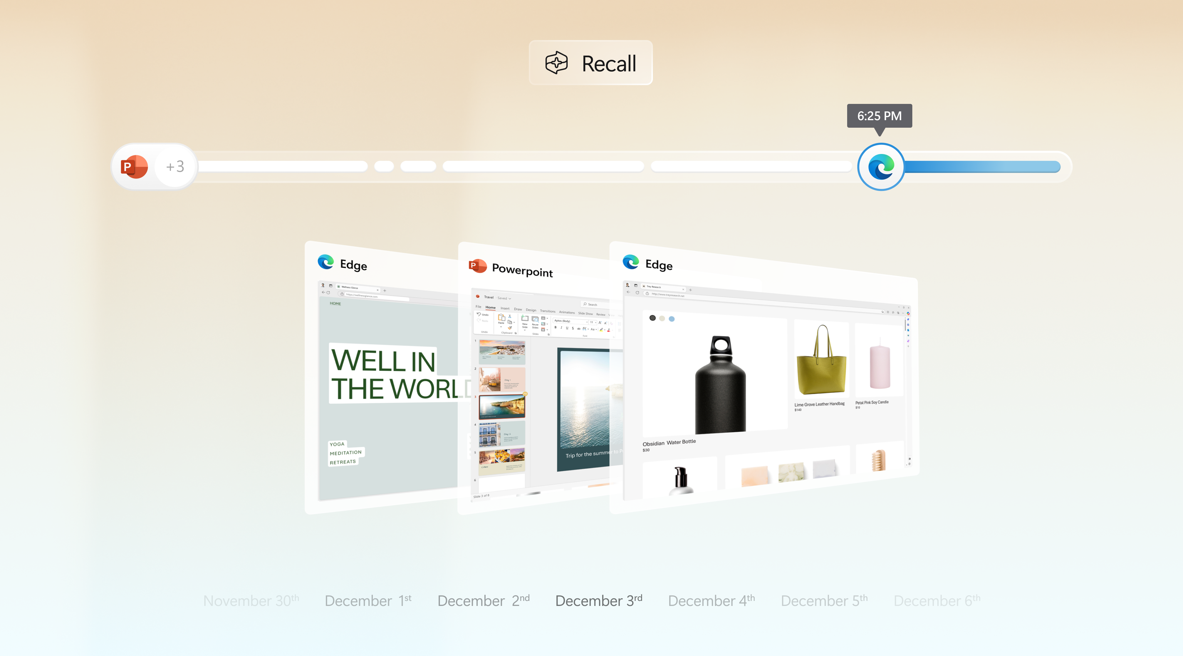 Bilgisayar zaman çizelgesi, Edge, PowerPoint ve alışveriş sitelerini gösteriyor.