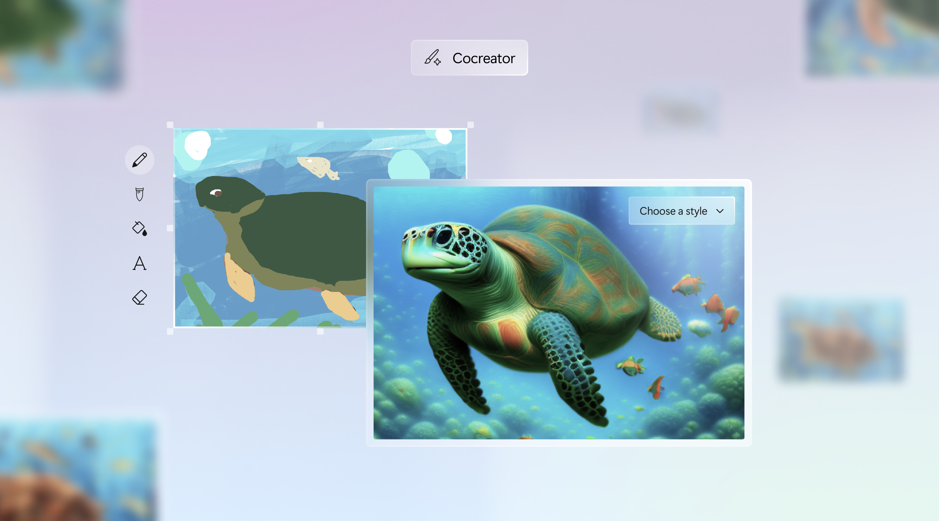 İki resimde bir kaplumbağa var. Biri çizim, diğeri gerçekçi bir kaplumbağa görüntüsü.