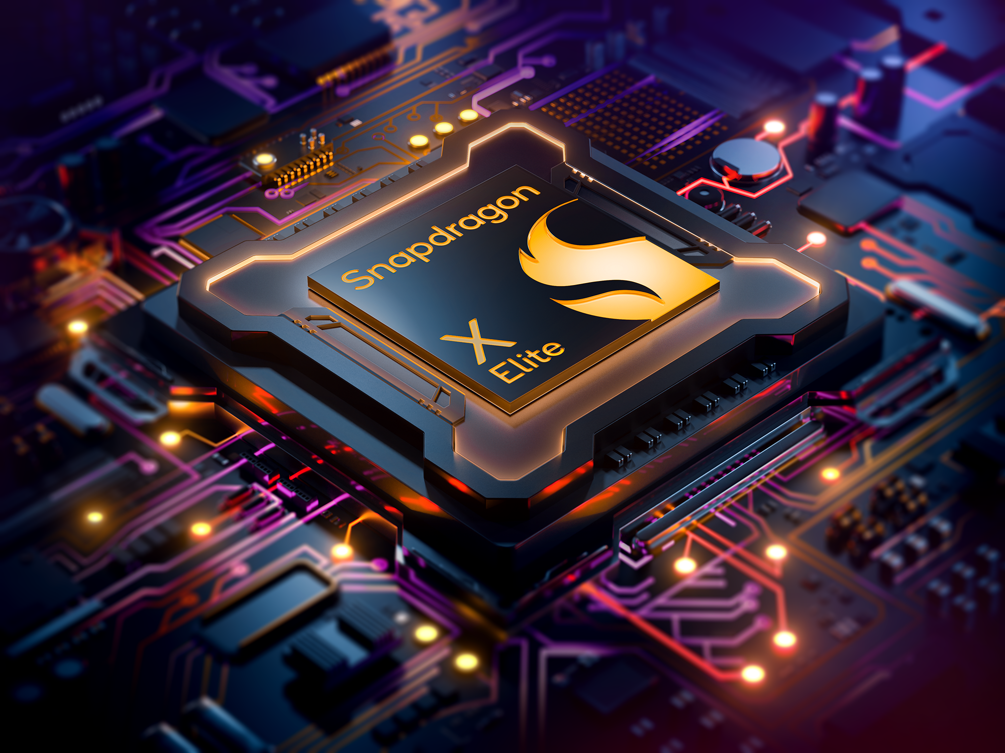 'Snapdragon X Elite' logosu ve parlayan turuncu detaylarla bir bilgisayar çipinin yakın çekimi.