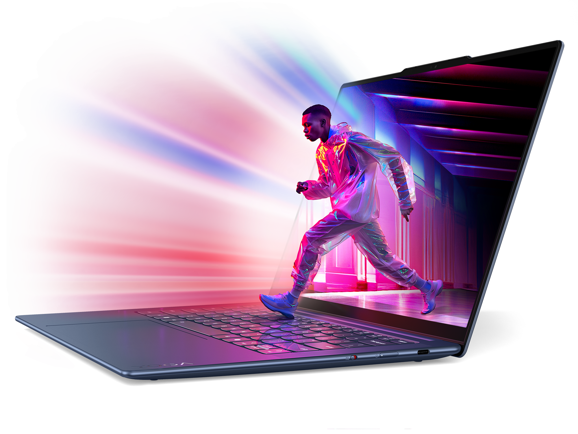 Mor ışıklarla, bir devre kartı üzerindeki bir Intel Core Ultra işlemcisinin yakın çekimi.