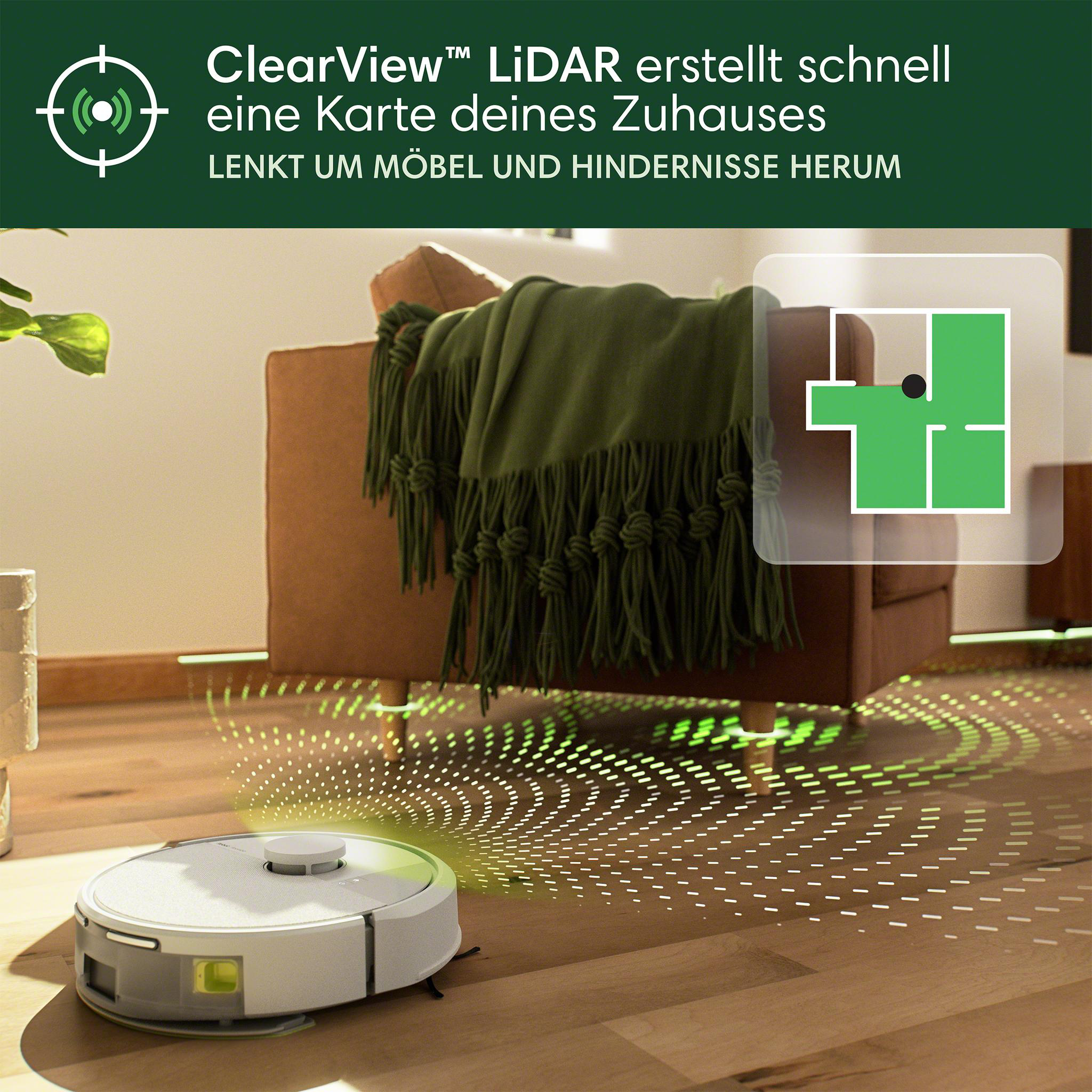 Roboter-Staubsauger reinigt Holzboden mit Text-Overlay über seine Mapping-Funktion.