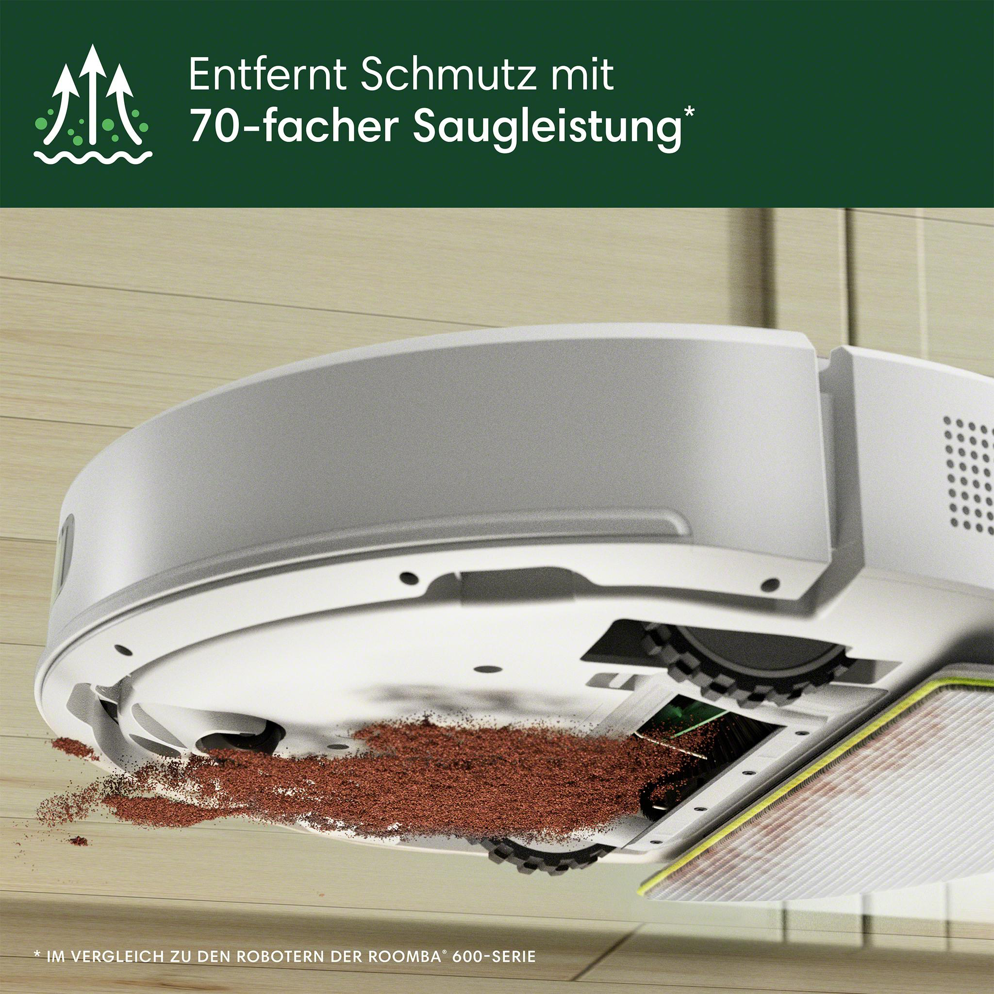Ein Roboter-Staubsauger reinigt Schmutz auf einem Holzboden, Nahaufnahme.