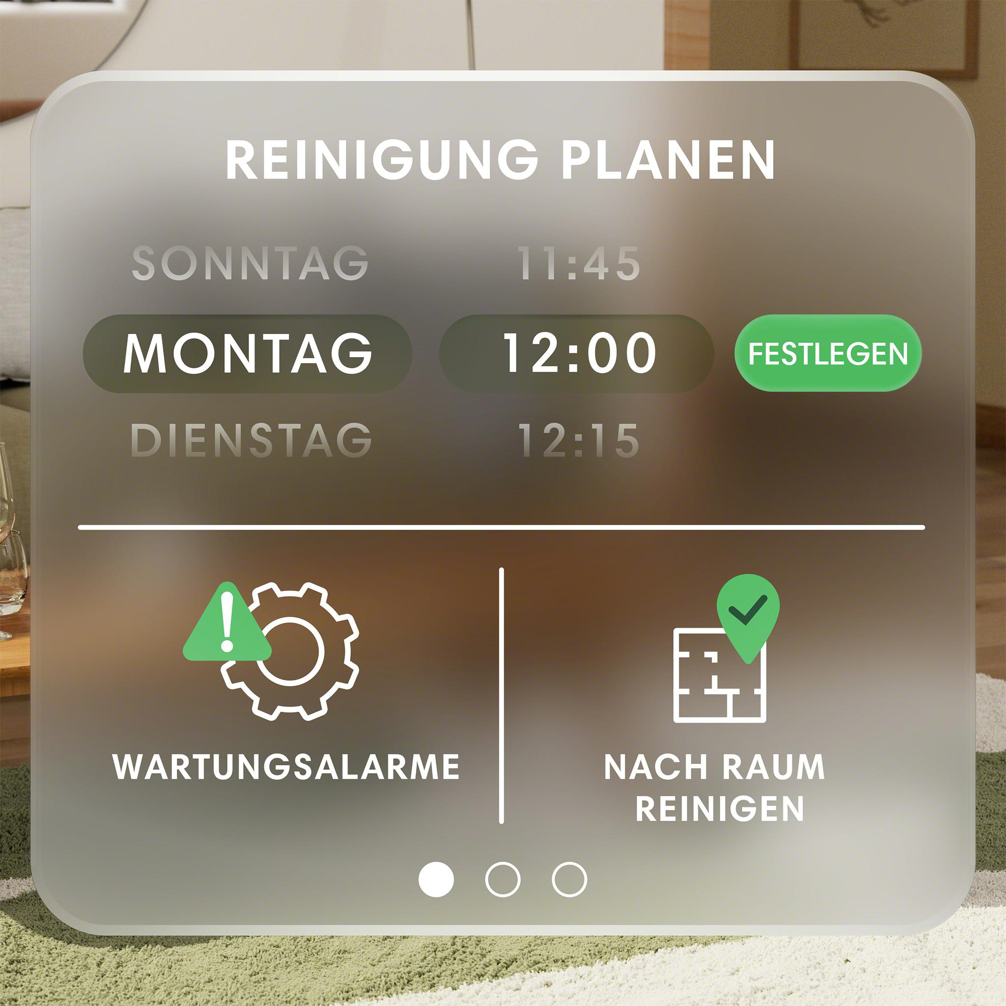 Reinigungsplan-Oberfläche. Zeigt Tage, Zeiten und Reinigungsaktionen an.