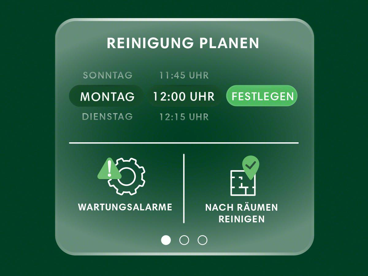 Ein Bildschirm zeigt einen Reinigungsplan mit Optionen zur Einstellung von Zeit und Datum.