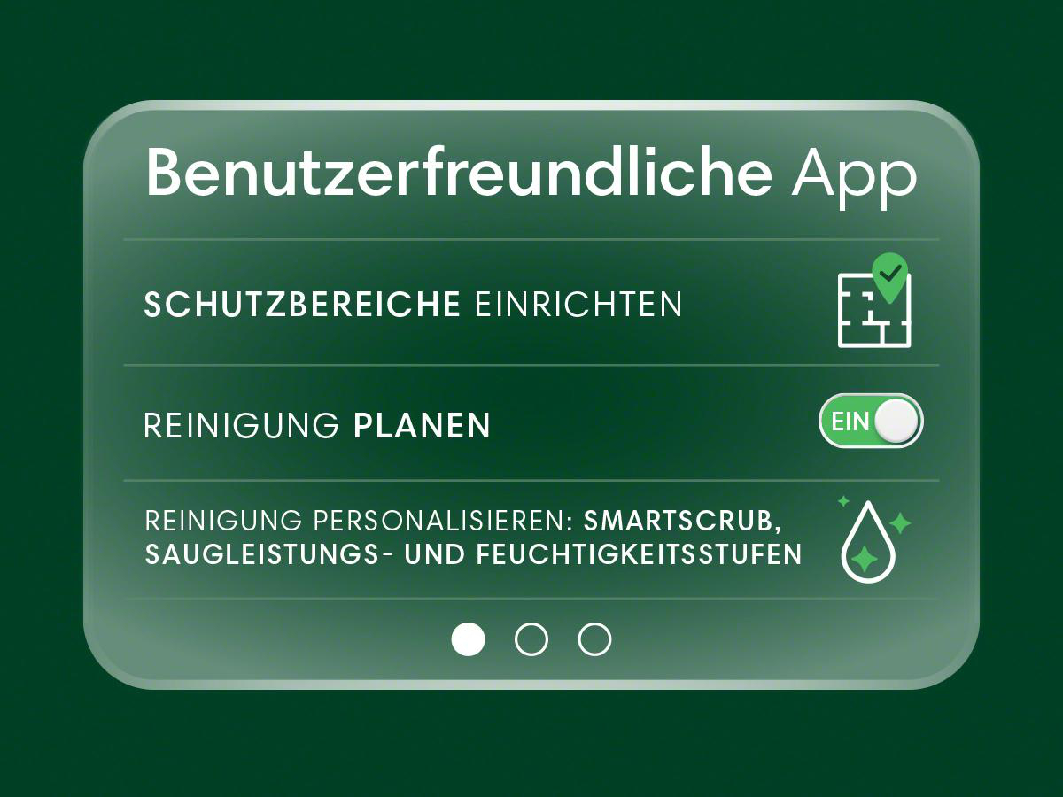 Grüne App-Oberfläche mit Text: Schutzbereiche einrichten, Reinigung planen, Reinigung personalisieren.