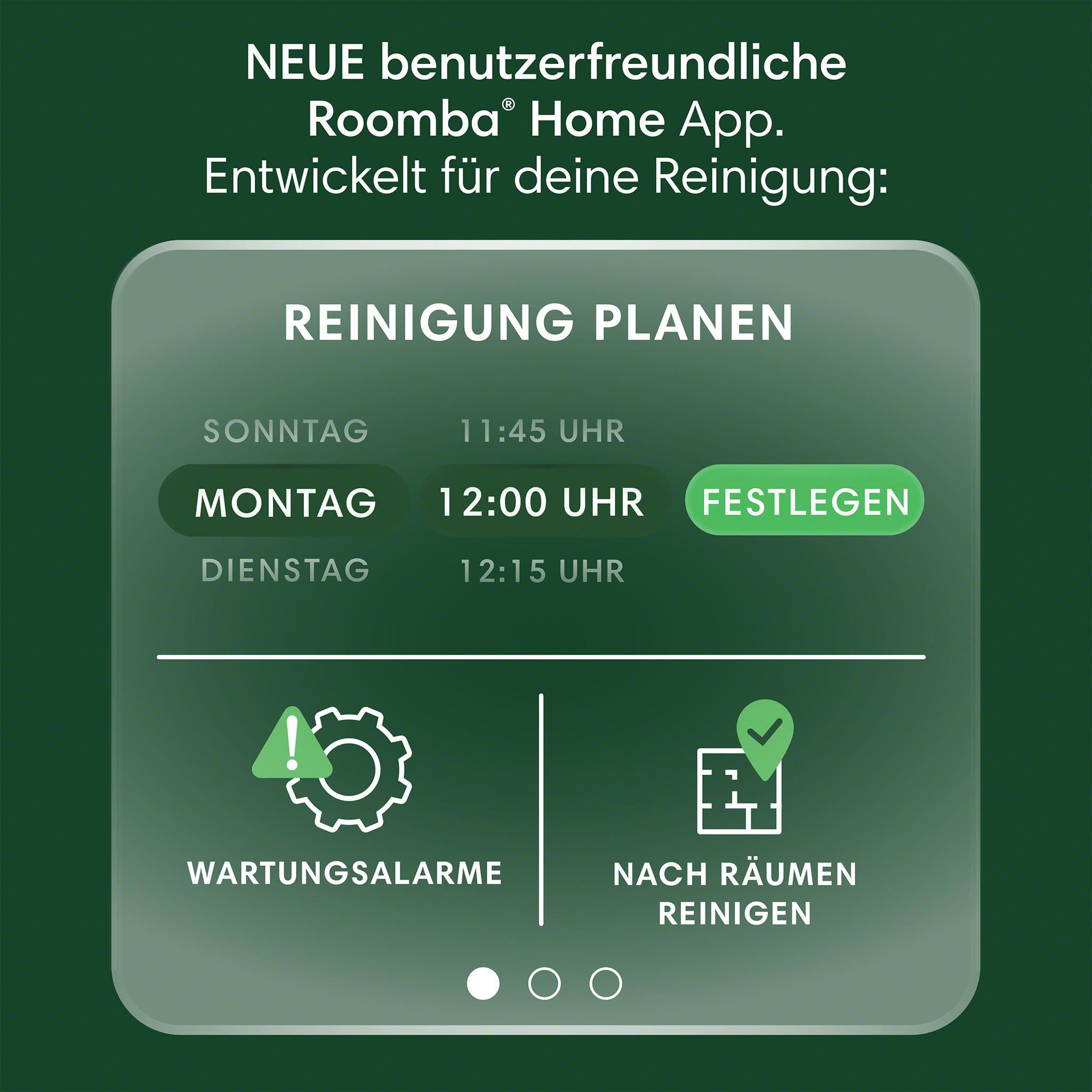 Roomba-App-Oberfläche. Zeigt Planungsoptionen mit Tagen und Uhrzeiten an.