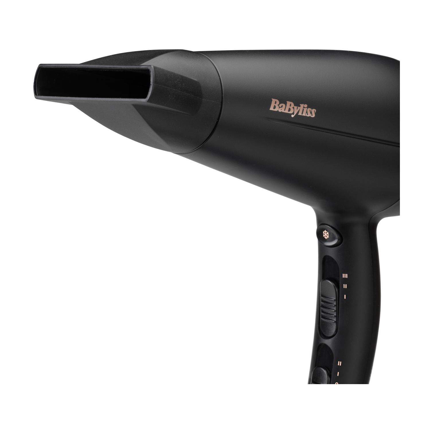 Un asciugacapelli nero con la scritta 'Babyliss', isolato su bianco.