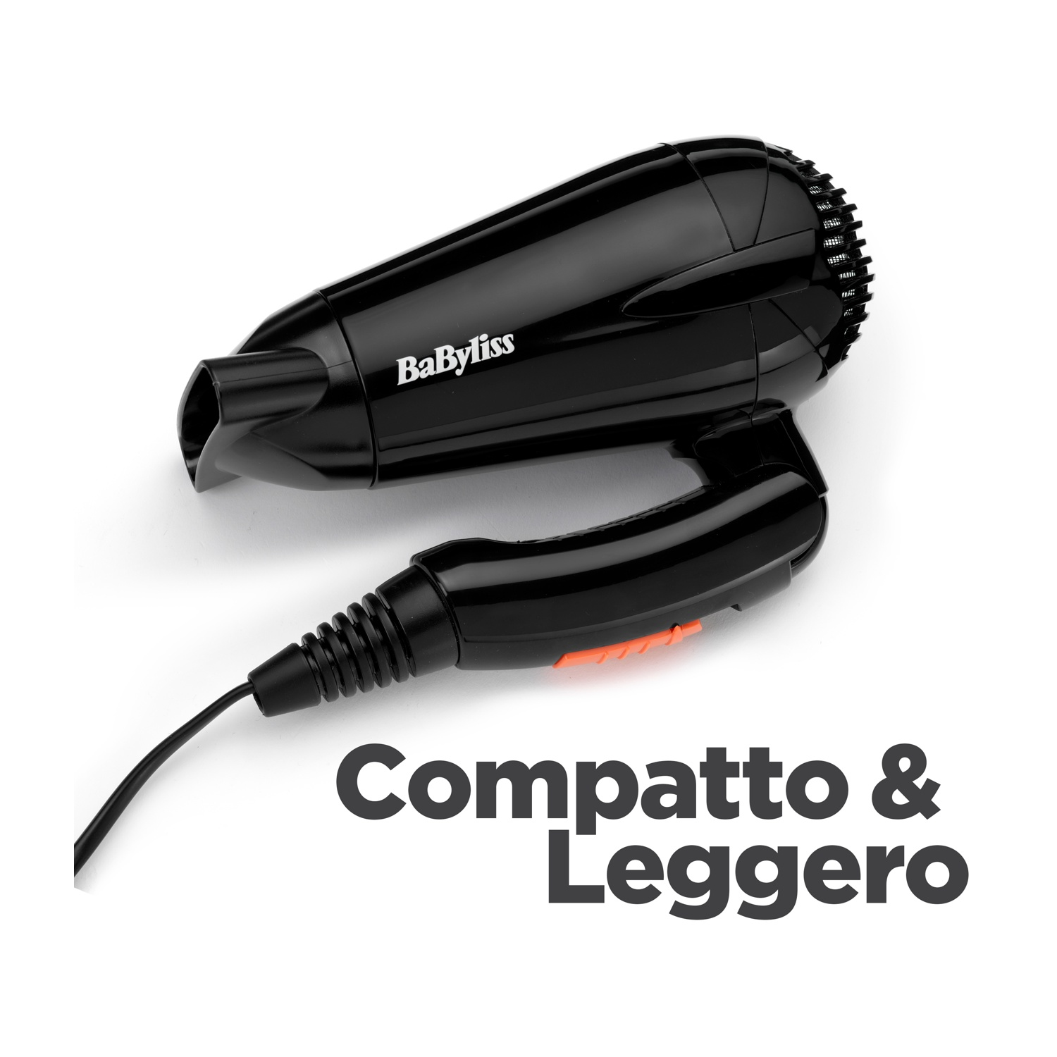 Un asciugacapelli Babyliss nero è mostrato in prospettiva, con il testo Compato & Leggero.