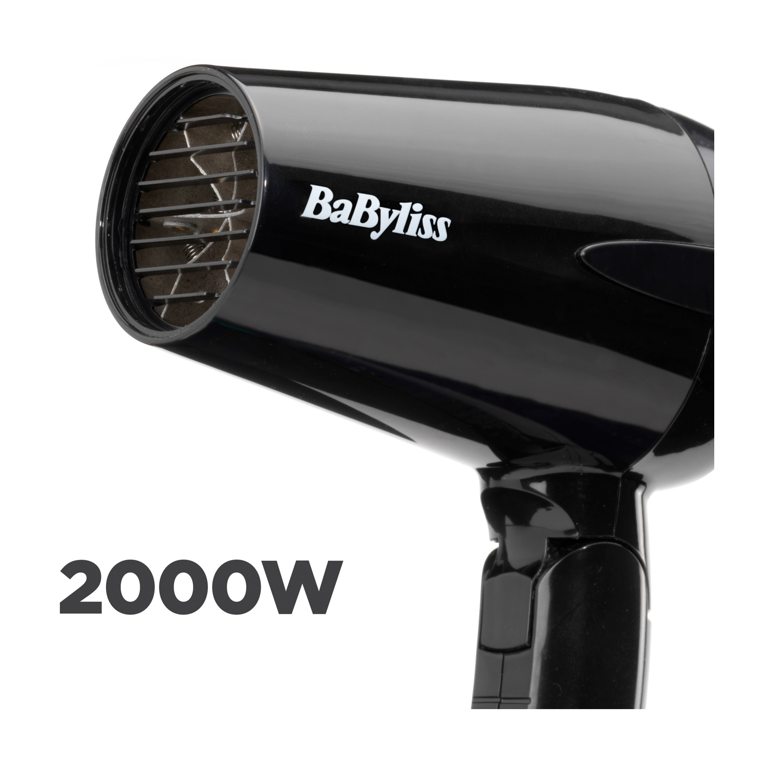 Primo piano di un asciugacapelli nero con il marchio 'Babyliss' e la scritta '2000W'.