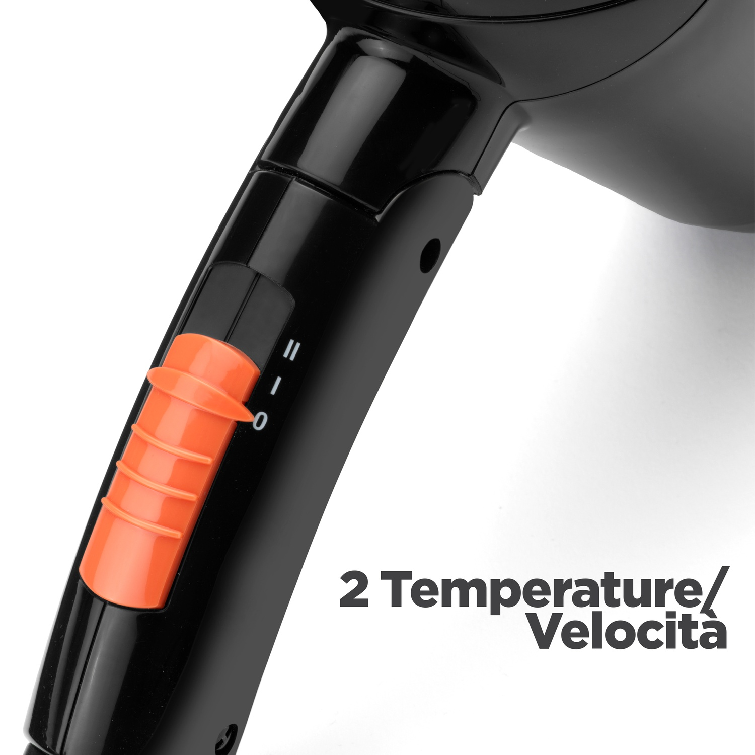 Impugnatura dell'asciugacapelli nera con ghiera arancione di alimentazione/velocità. Testo: 2 impostazioni di temperatura/velocità.