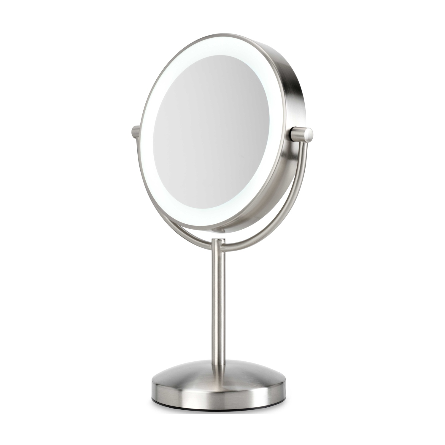 Specchio per il trucco argentato, rotondo e illuminato, su un supporto. Luce bianca attorno al bordo dello specchio.