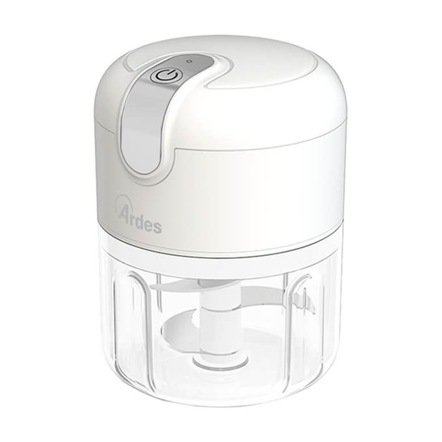 Un mini tritatutto Ardes bianco con un contenitore trasparente e una lama all'interno.