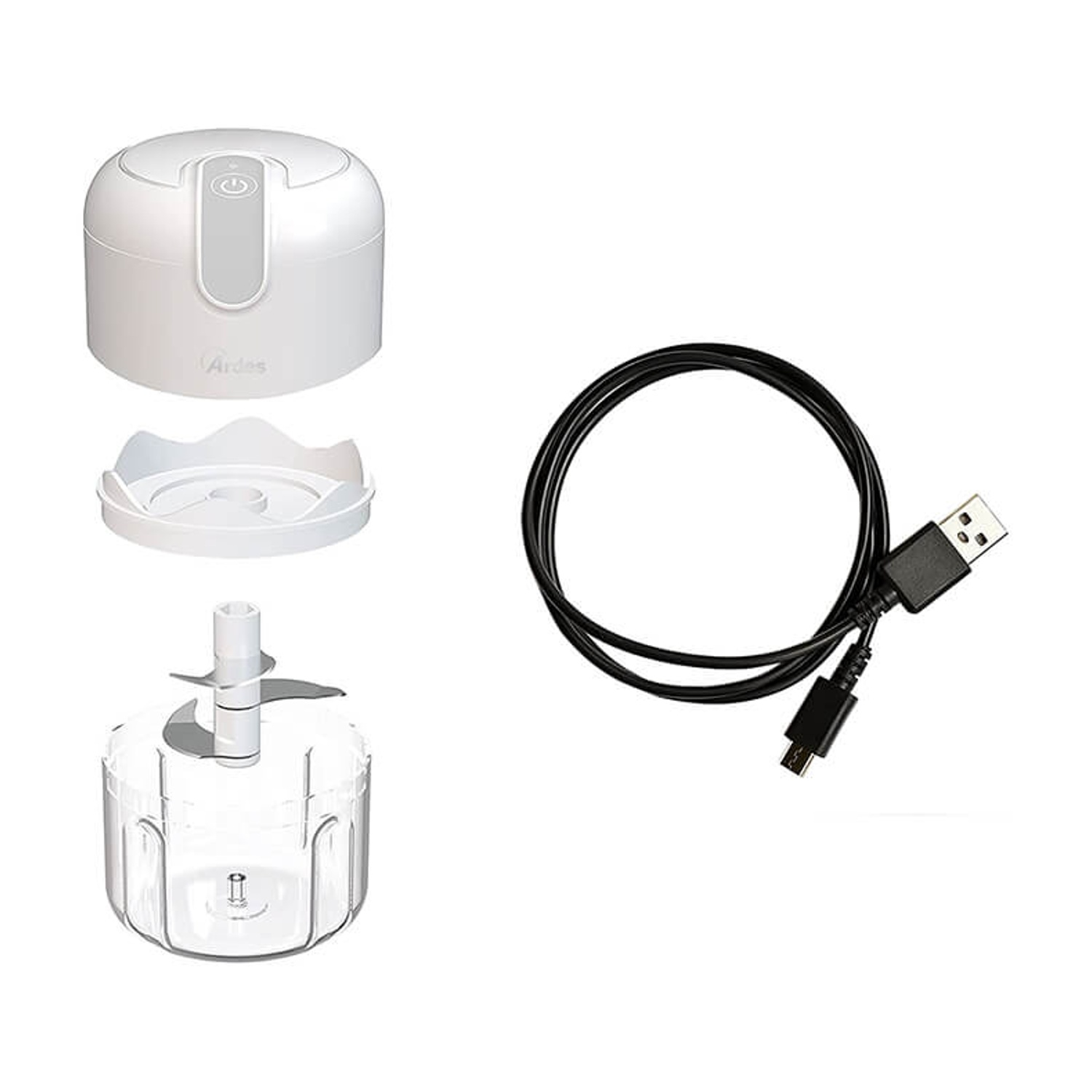 Un mini robot da cucina bianco con componenti e un cavo USB nero su sfondo bianco.