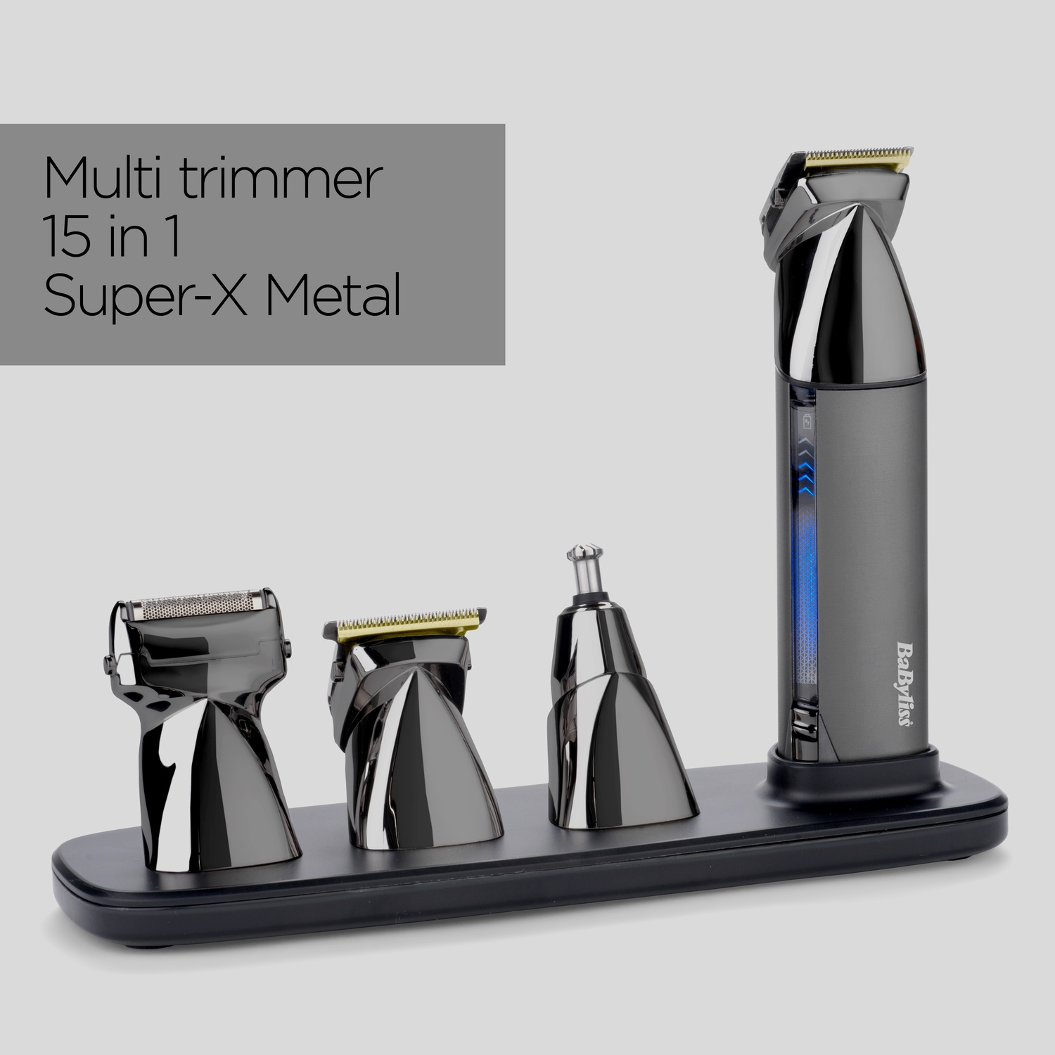 Set multi trimmer con vari accessori su una base nera.