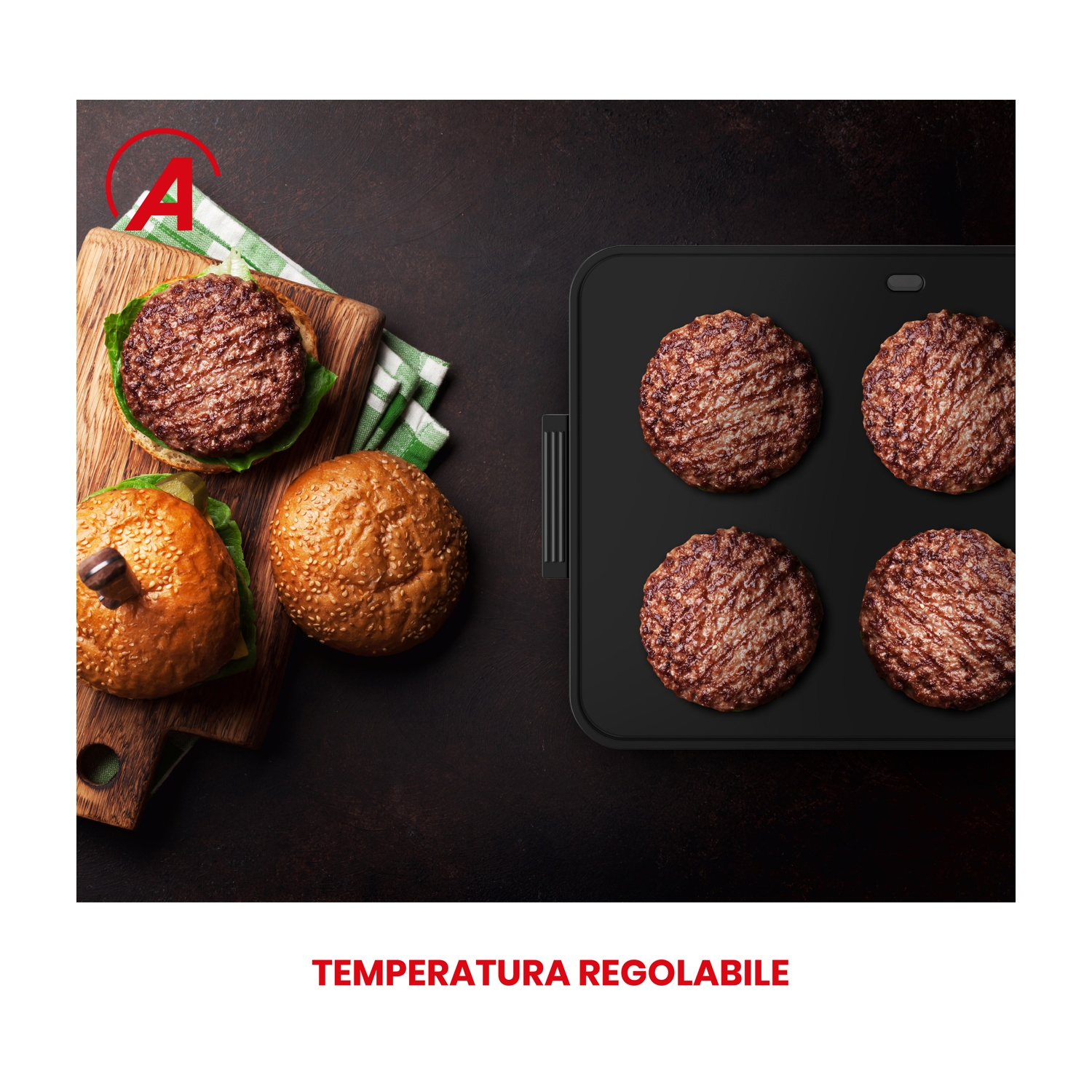 Una vista dall'alto di hamburger cotti e ingredienti per hamburger. Si usa una piastra nera.