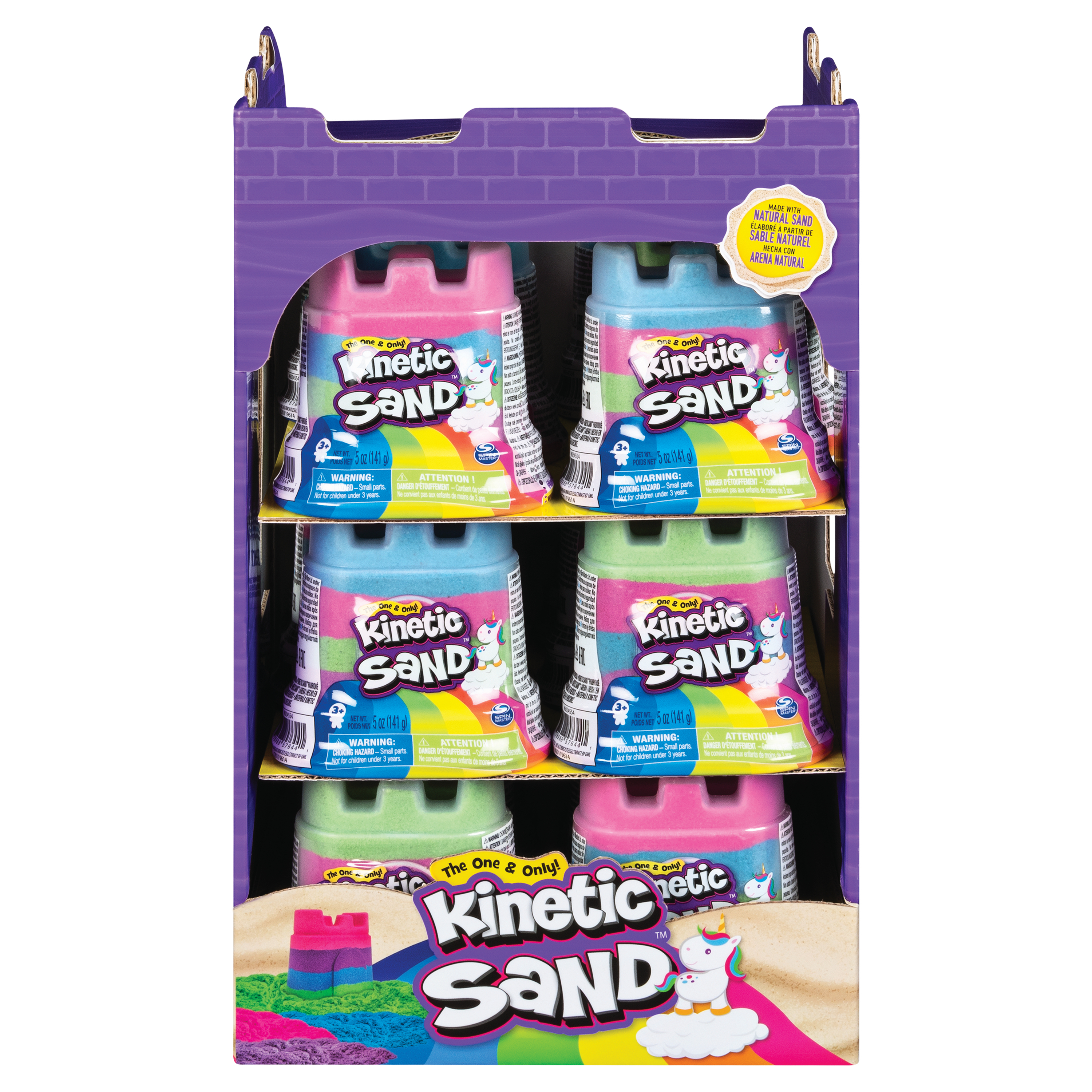 Ein Display mit sechs Behältern Kinetic Sand in einer Box.