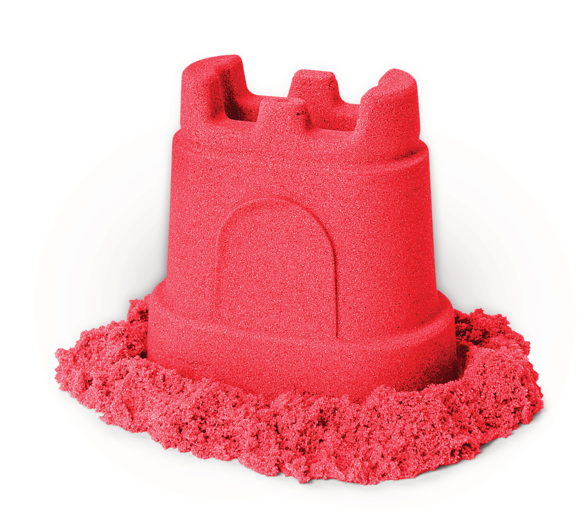 Eine rote Sandburg aus kinetischem Sand. Der Sand umgibt die Basis.