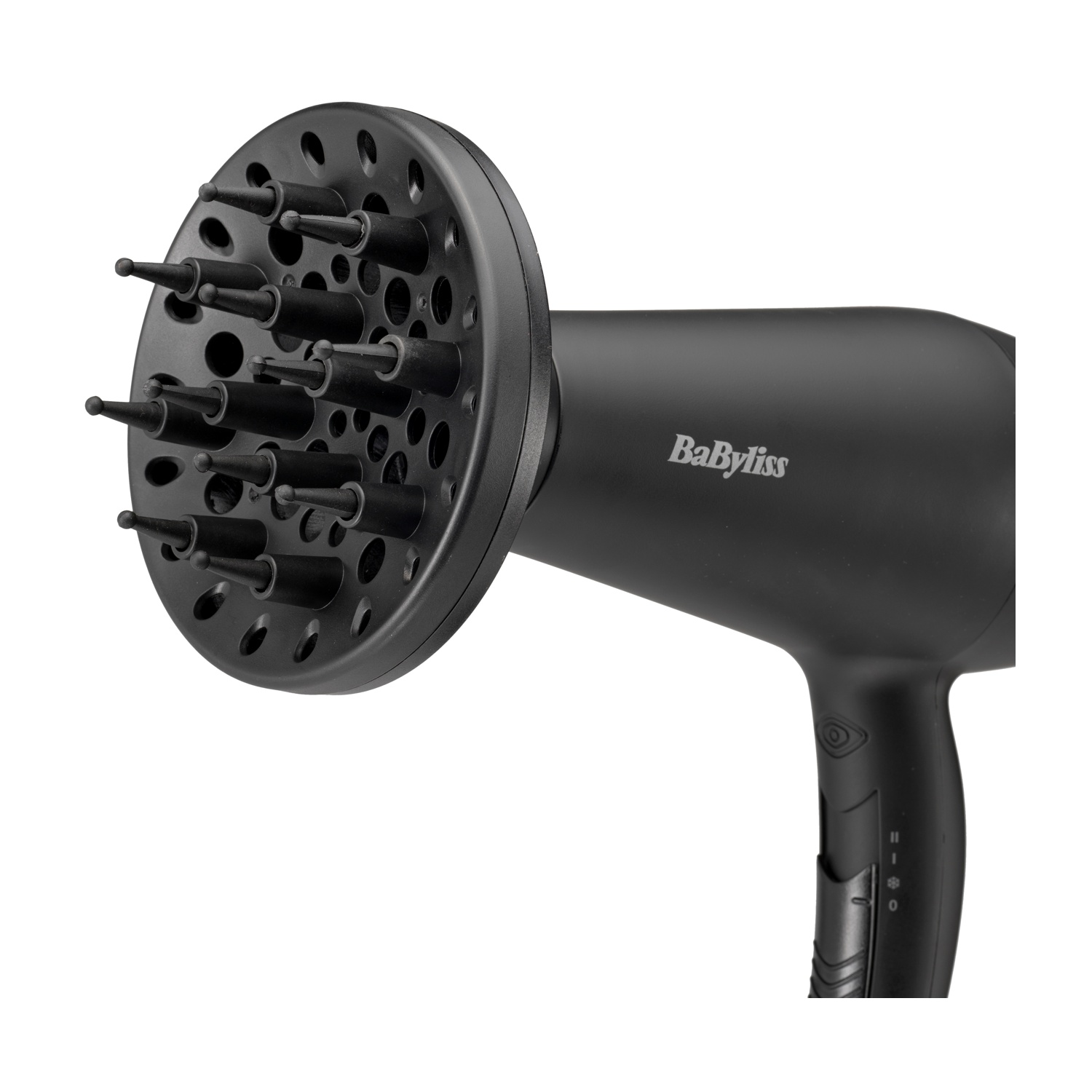 Asciugacapelli nero con un accessorio diffusore, che mostra il marchio 'BaByliss'.