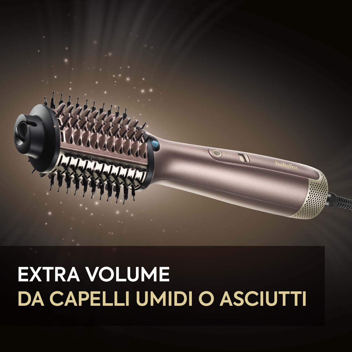 Una spazzola per capelli marrone con il testo 'EXTRA VOLUME DA CAPELLI UMIDI O ASCIUTTI'.