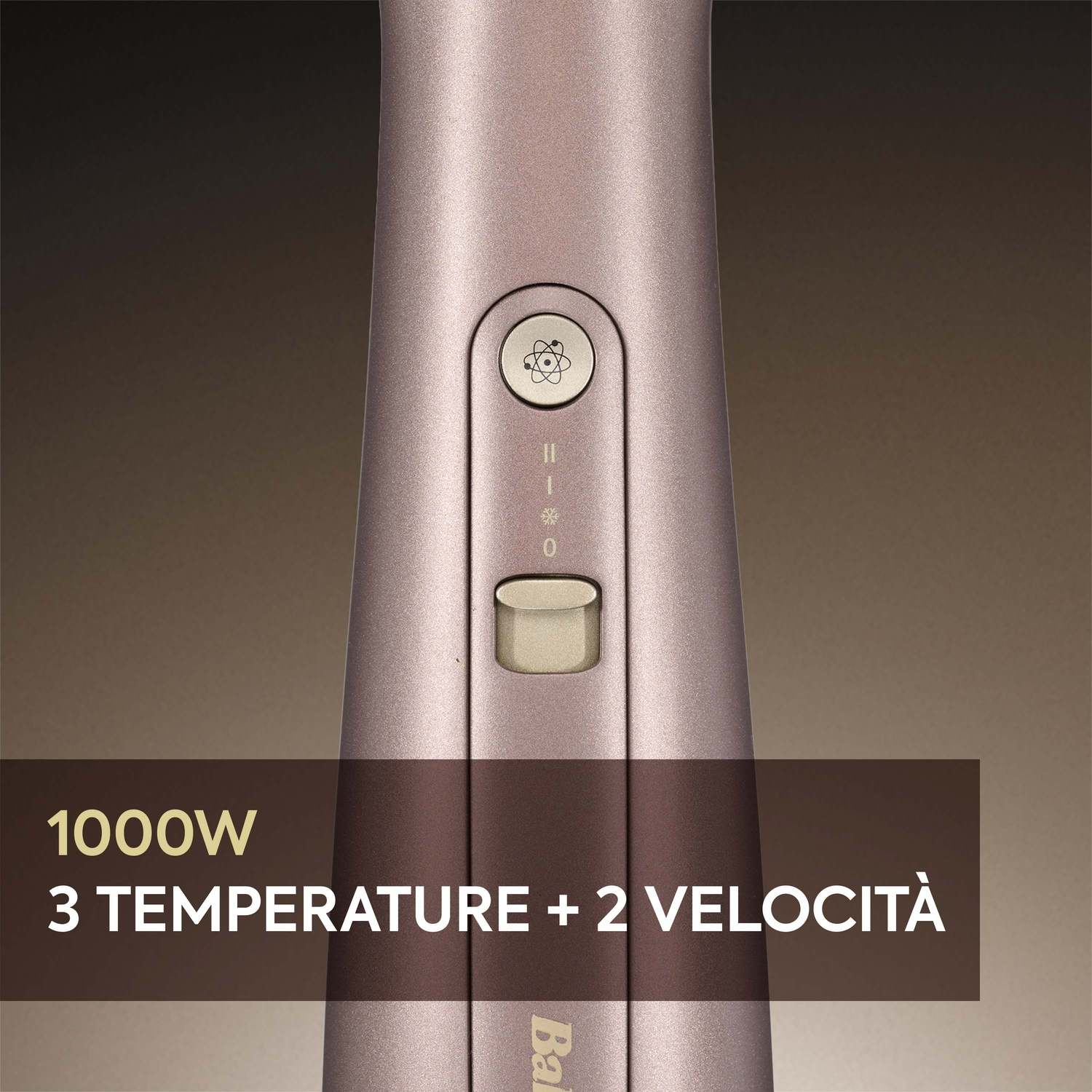 Primo piano di un dispositivo per lo styling dei capelli con pulsanti e testo su sfondo marrone.