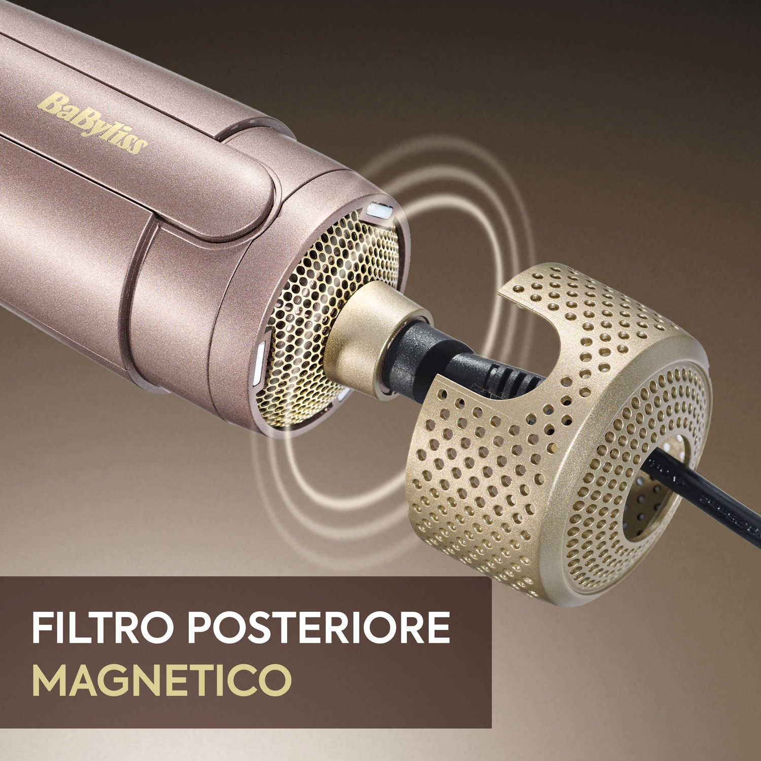 Primo piano di un'arricciacapelli che mostra il filtro posteriore magnetico, con testo in italiano.