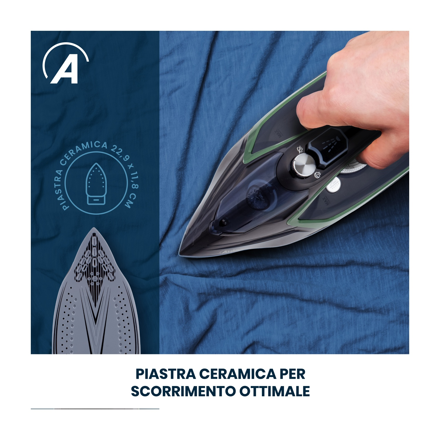Un ferro da stiro su una camicia blu. Il testo dice: piastra in ceramica per uno scorrimento ottimale.