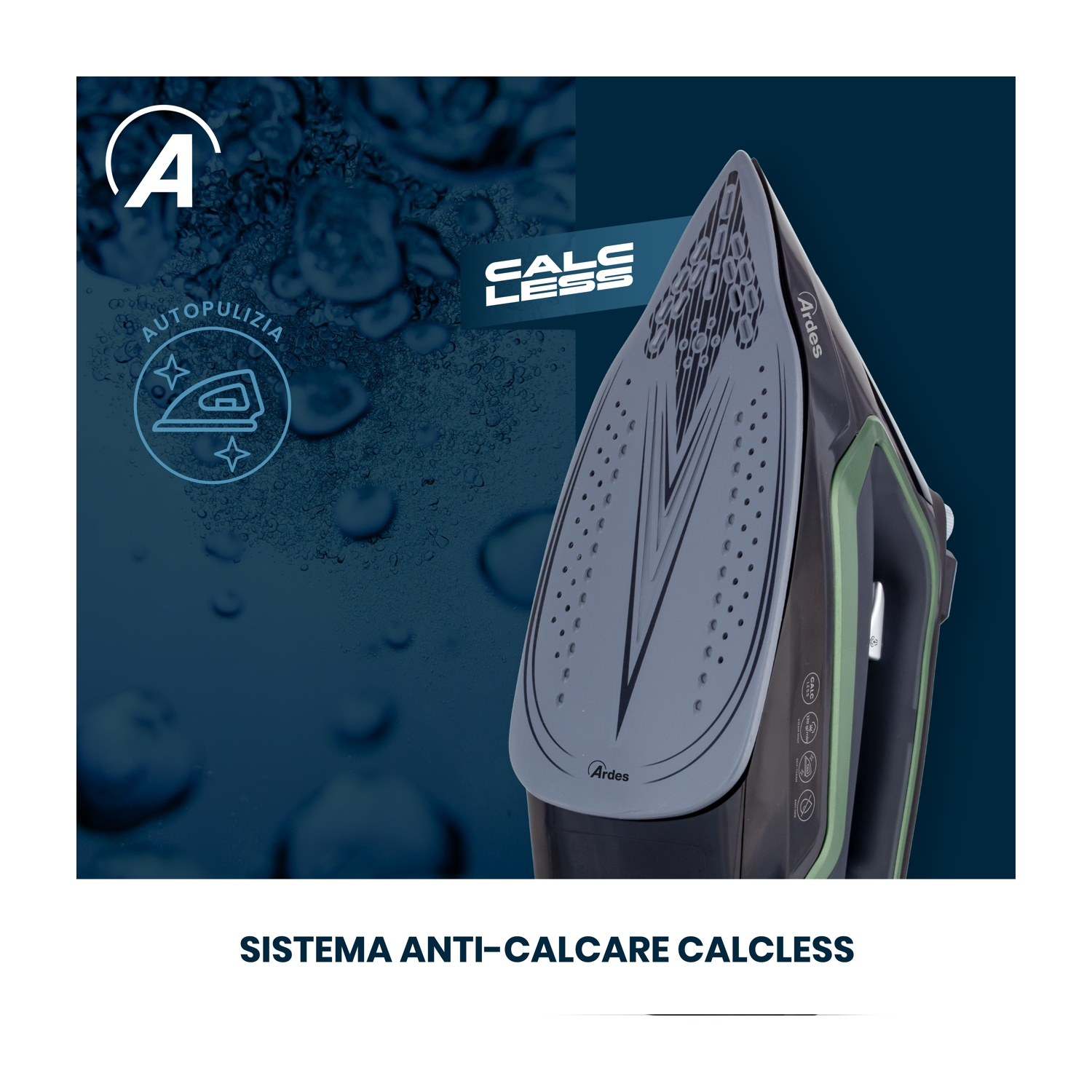 Ferro da stiro nero con sistema anticalcare, effetto acqua blu, sfondo bianco.