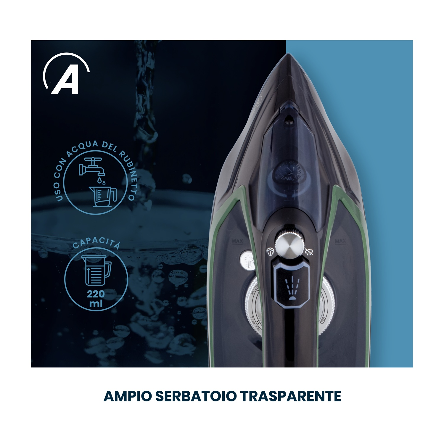 Un ferro da stiro con serbatoio dell'acqua trasparente e testo sull'uso dell'acqua.