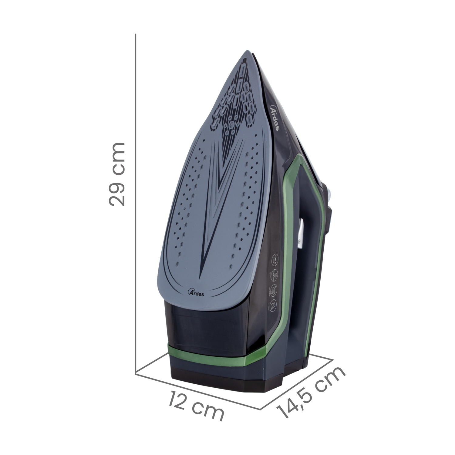 Un ferro da stiro nero e verde con dimensioni, su sfondo bianco.