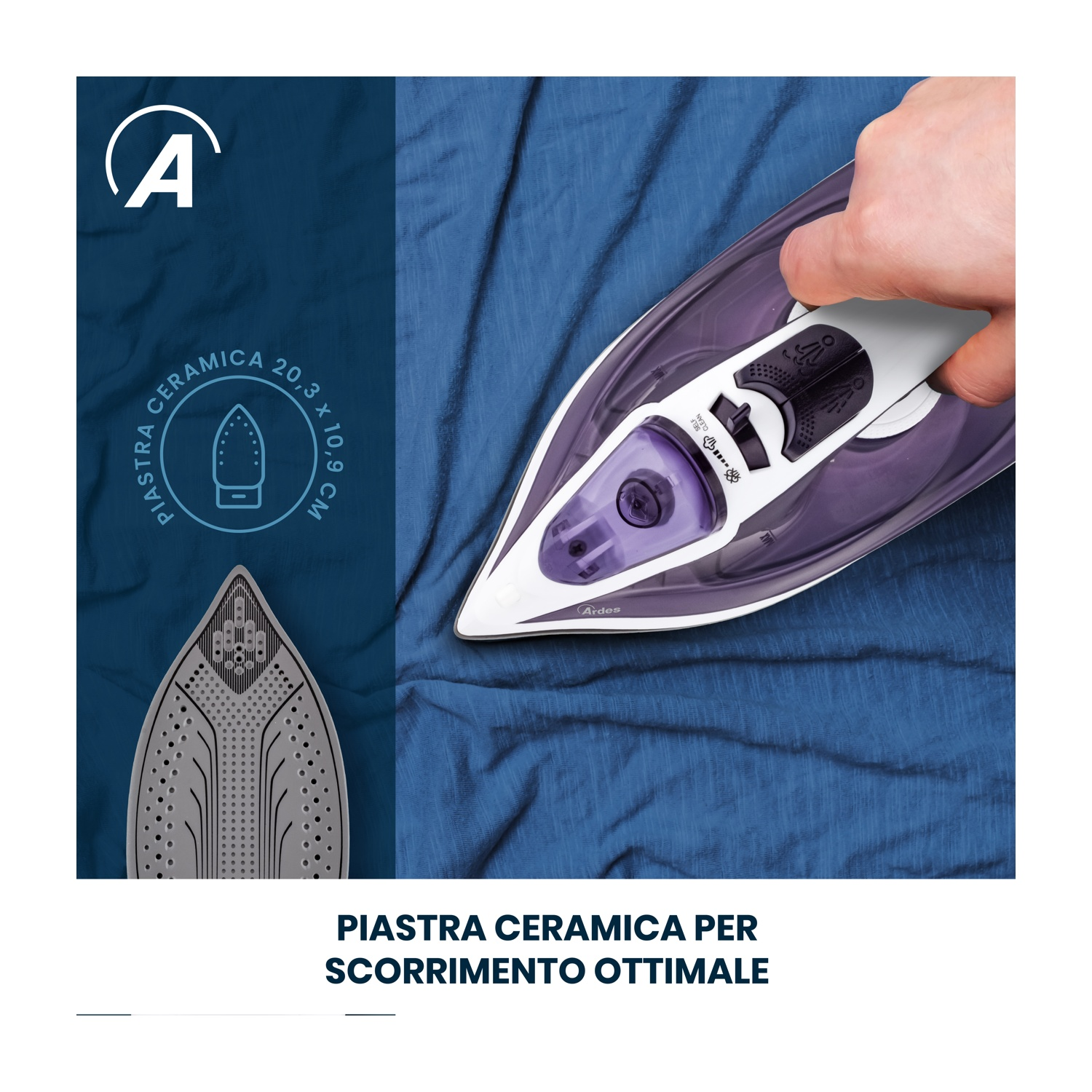 Ferro su tessuto blu, mano in alto. Una piastra in ceramica a sinistra.
