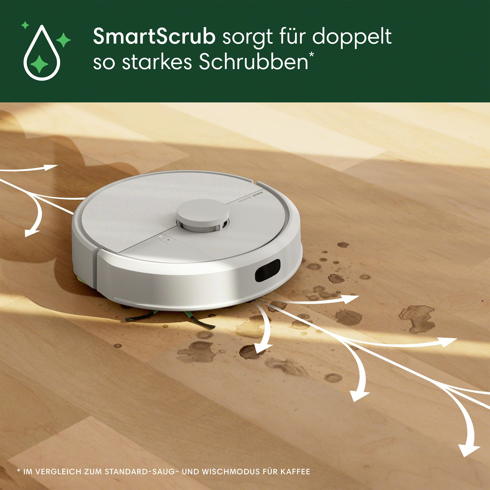Weißer und grauer Roboter-Staubsauger auf Holzboden, Pfeile zeigen die Reinigung.