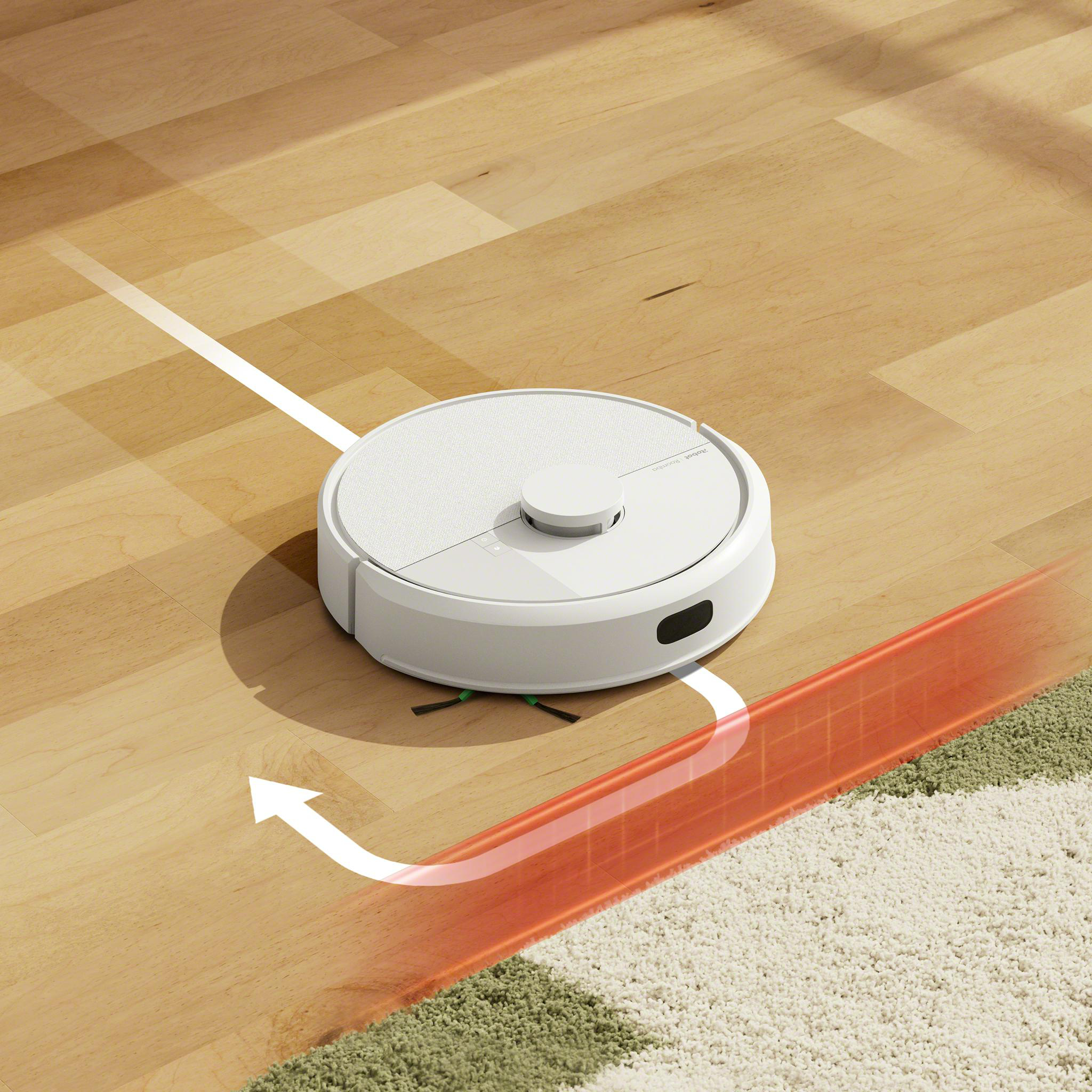 Weißer Roboter-Staubsauger auf Holzboden. Rote Linie zeigt Reinigungspfad. Weißer Pfeil zeigt Richtung.