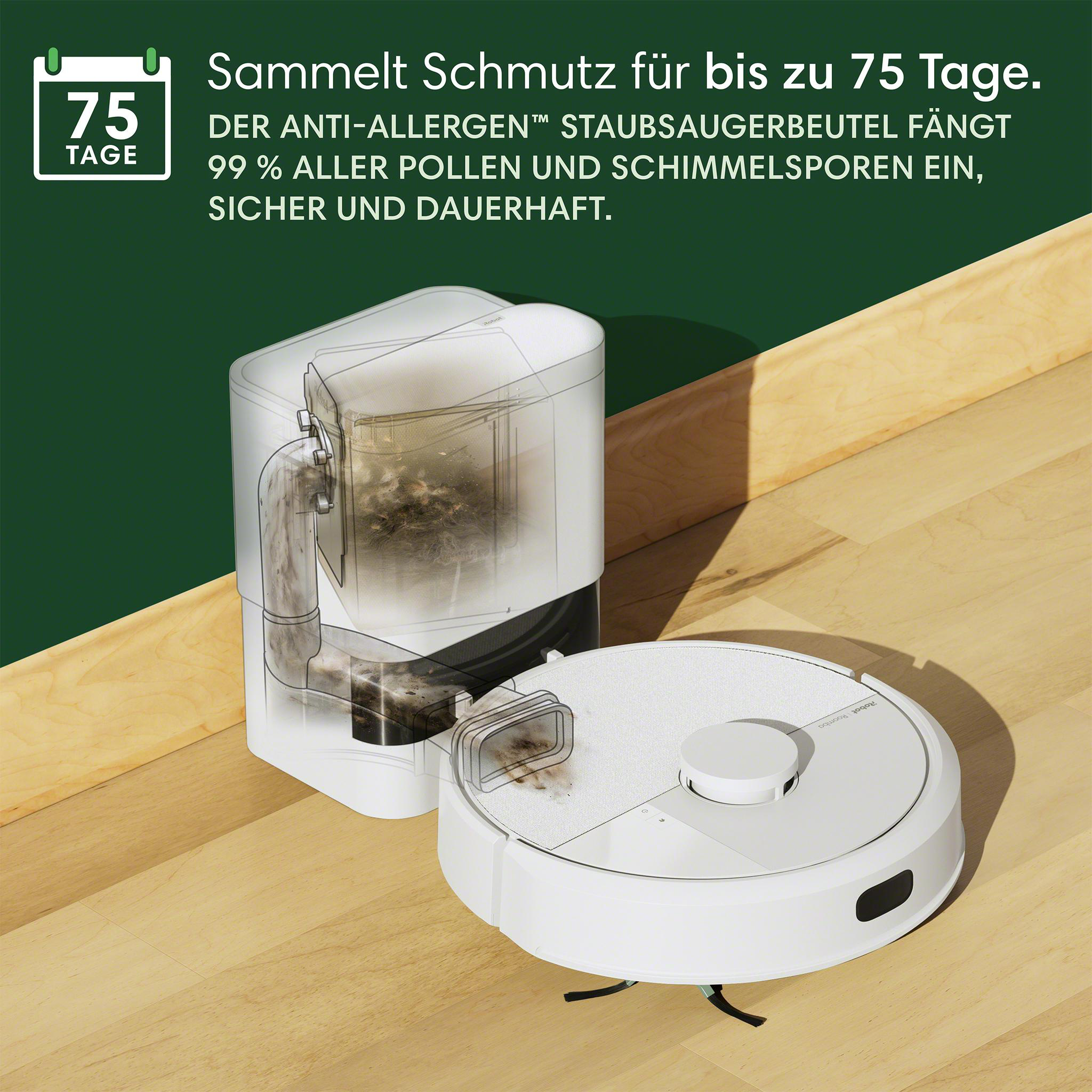Weißer Roboter-Staubsauger mit Staubbehälter, Text über Allergenfang.