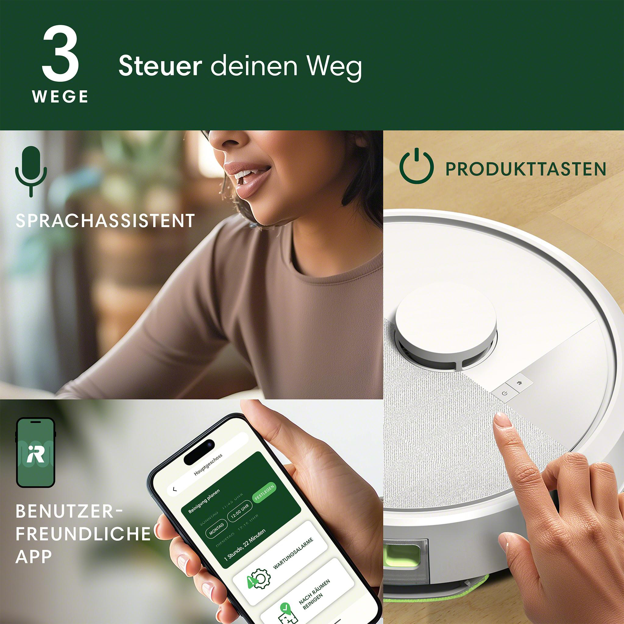 Eine Person interagiert mit einem Roboterstaubsauger über Sprach- und App-Steuerung.