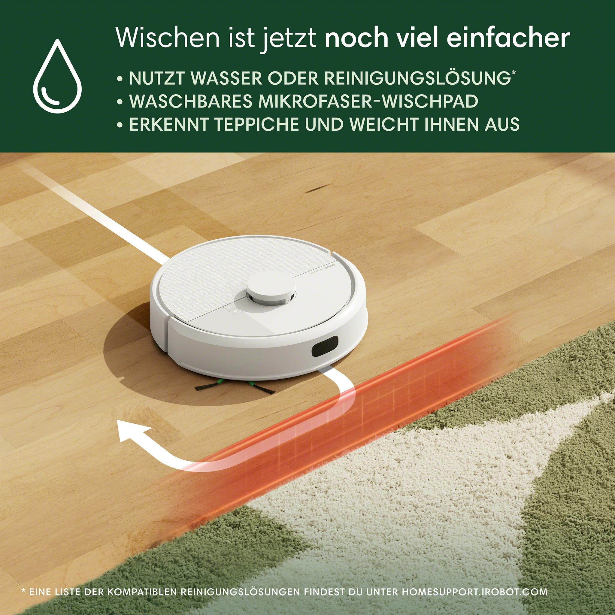 Ein weißer Roboter-Staubsauger auf einem Holzboden. Text lautet: Verwendet Wasser oder Reinigungslösung.