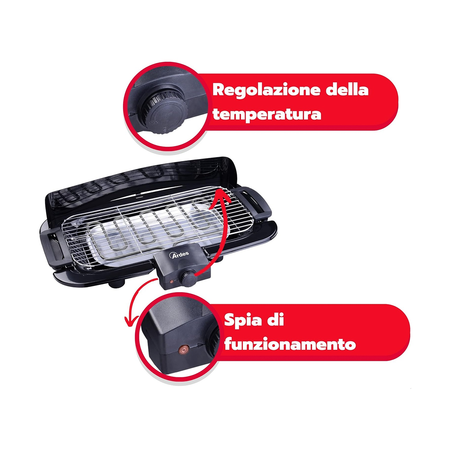 Una griglia elettrica nera, con una manopola di controllo della temperatura e una spia luminosa. Sfondo bianco.