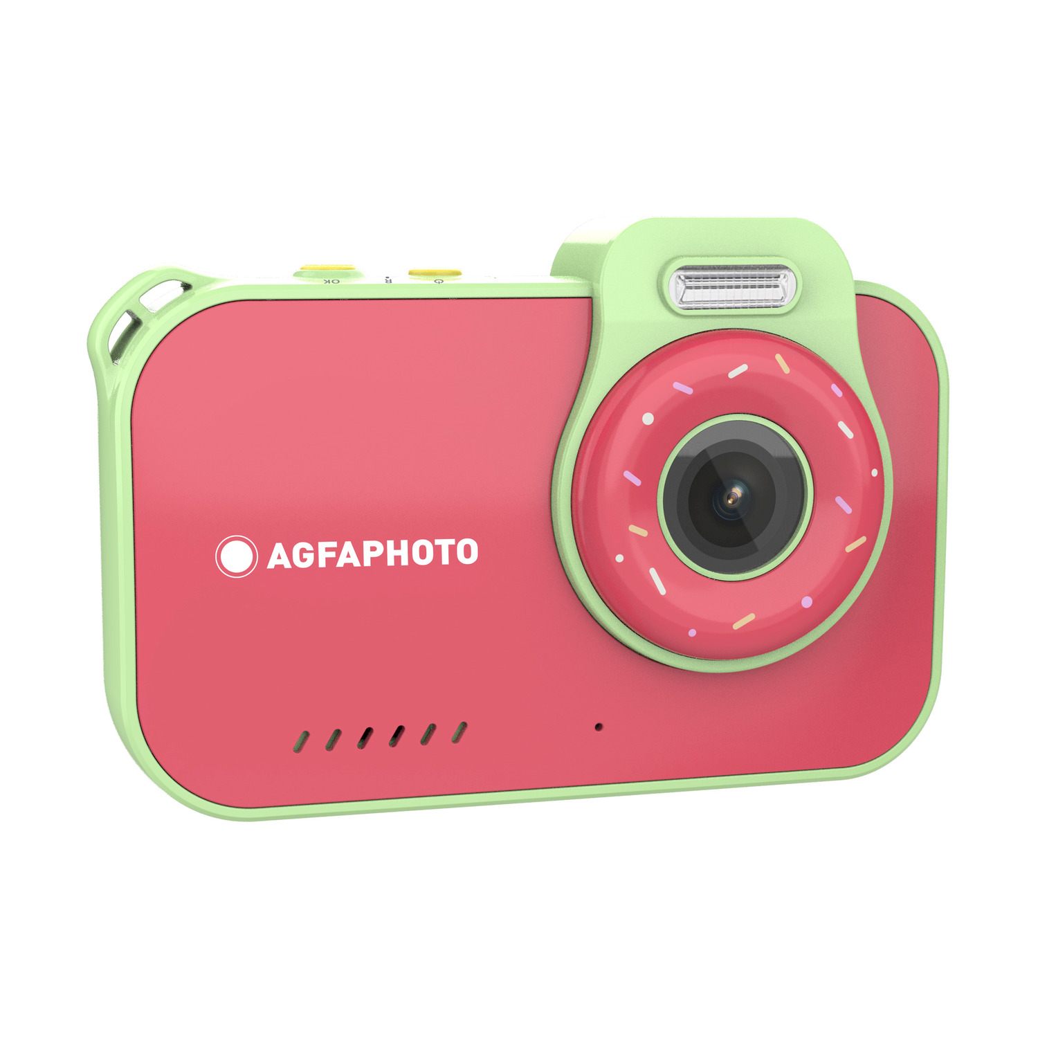 Fotocamera giocattolo rosa e verde con obiettivo a forma di ciambella. Sfondo bianco.