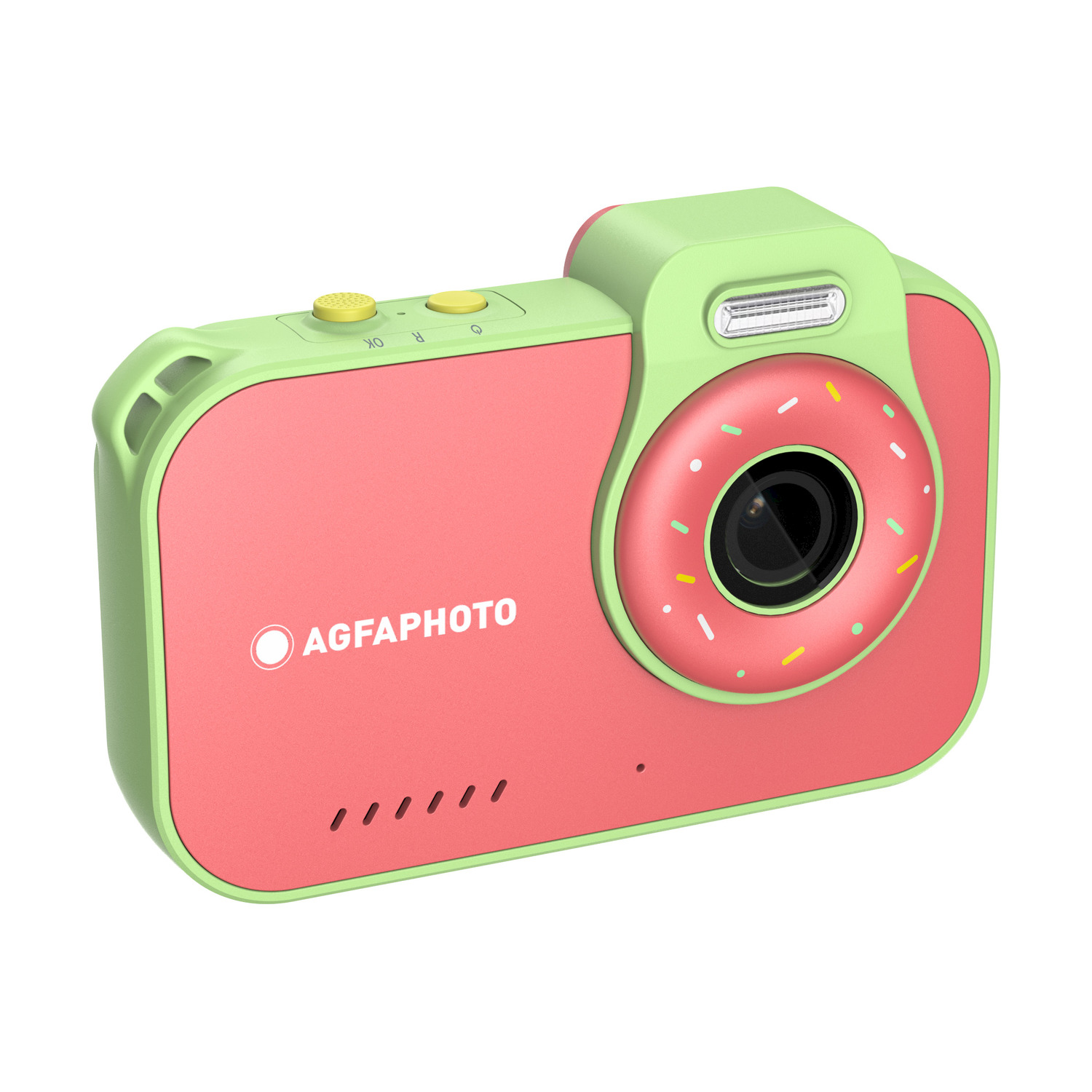 Una fotocamera AgfaPhoto rosa e verde a forma di ciambella. Ha un obiettivo e pulsanti di controllo.