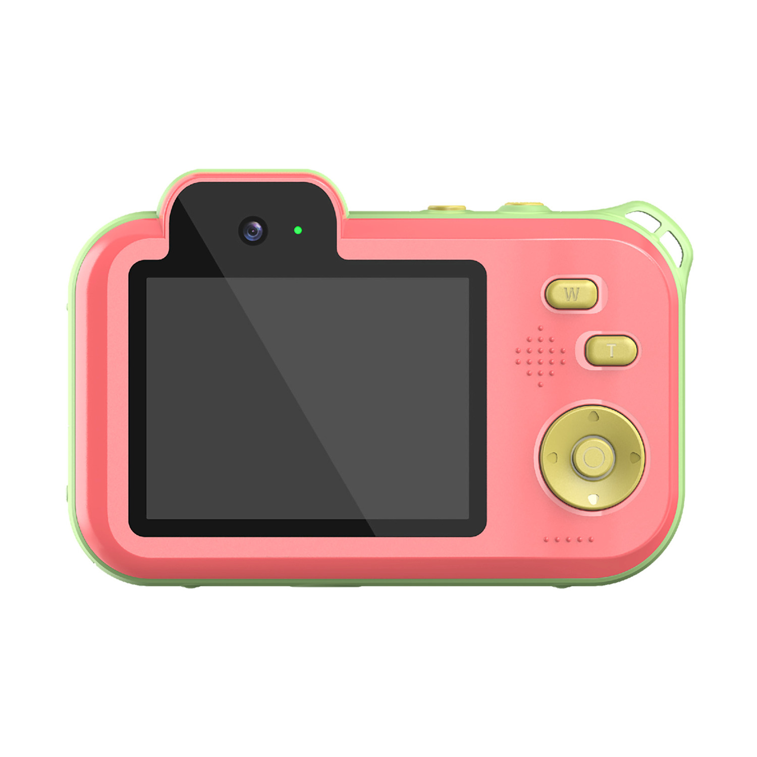 Una fotocamera digitale rosa e verde con schermo, pulsanti e obiettivo.
