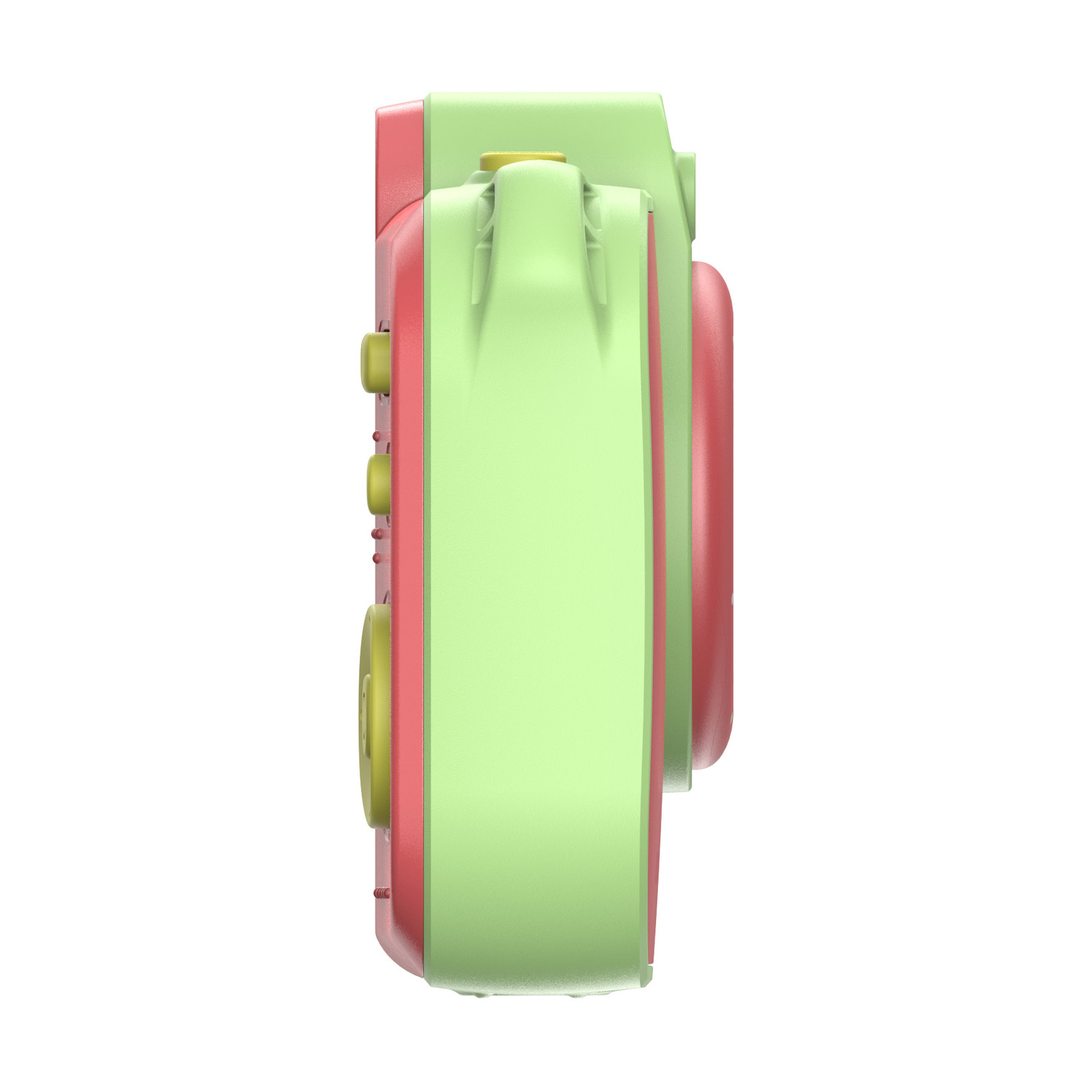 Una fotocamera rossa e verde è mostrata di lato. La fotocamera ha bordi arrotondati e pulsanti gialli.