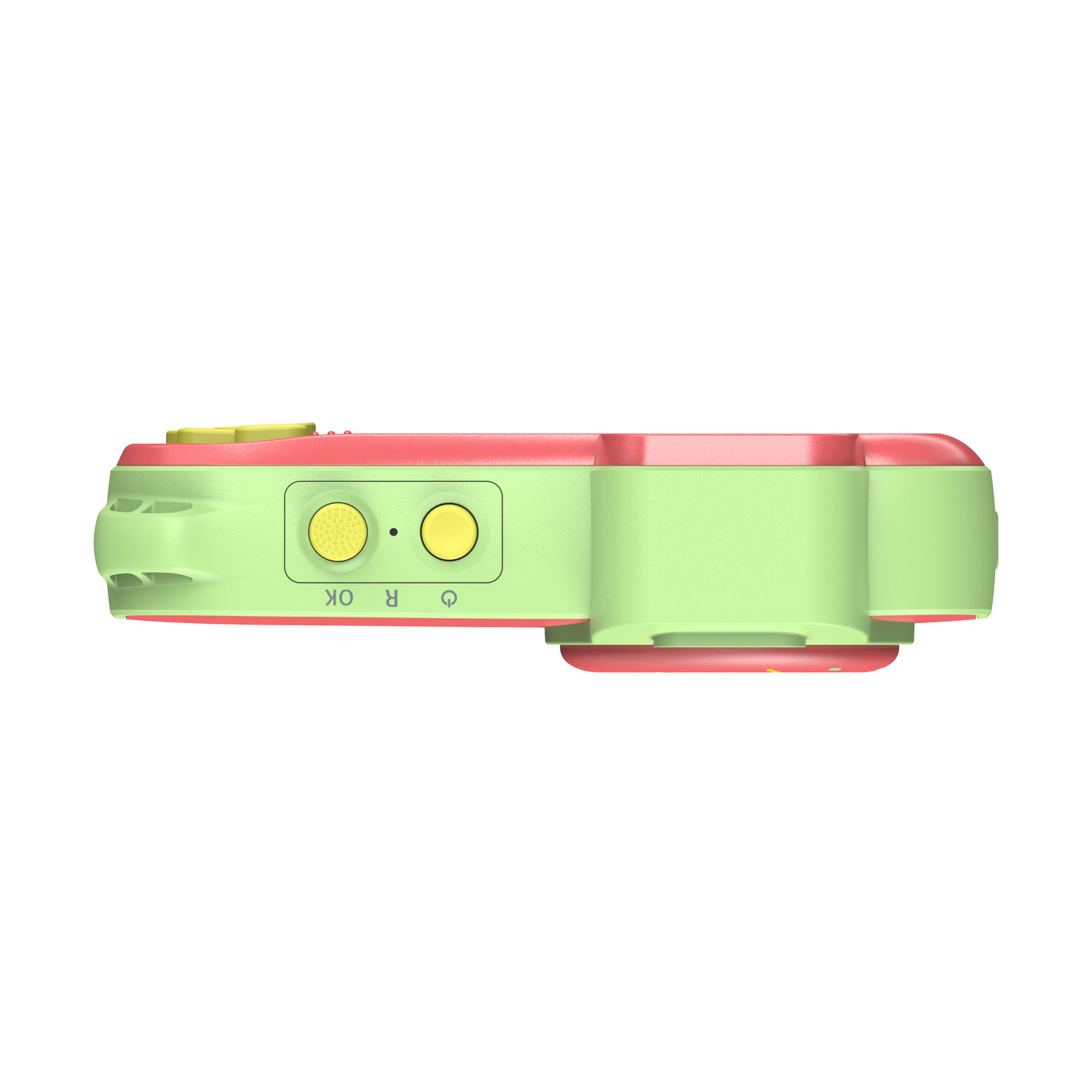 Fotocamera giocattolo verde e rosa, pulsanti e display, vista dall'alto, isolata su sfondo bianco.
