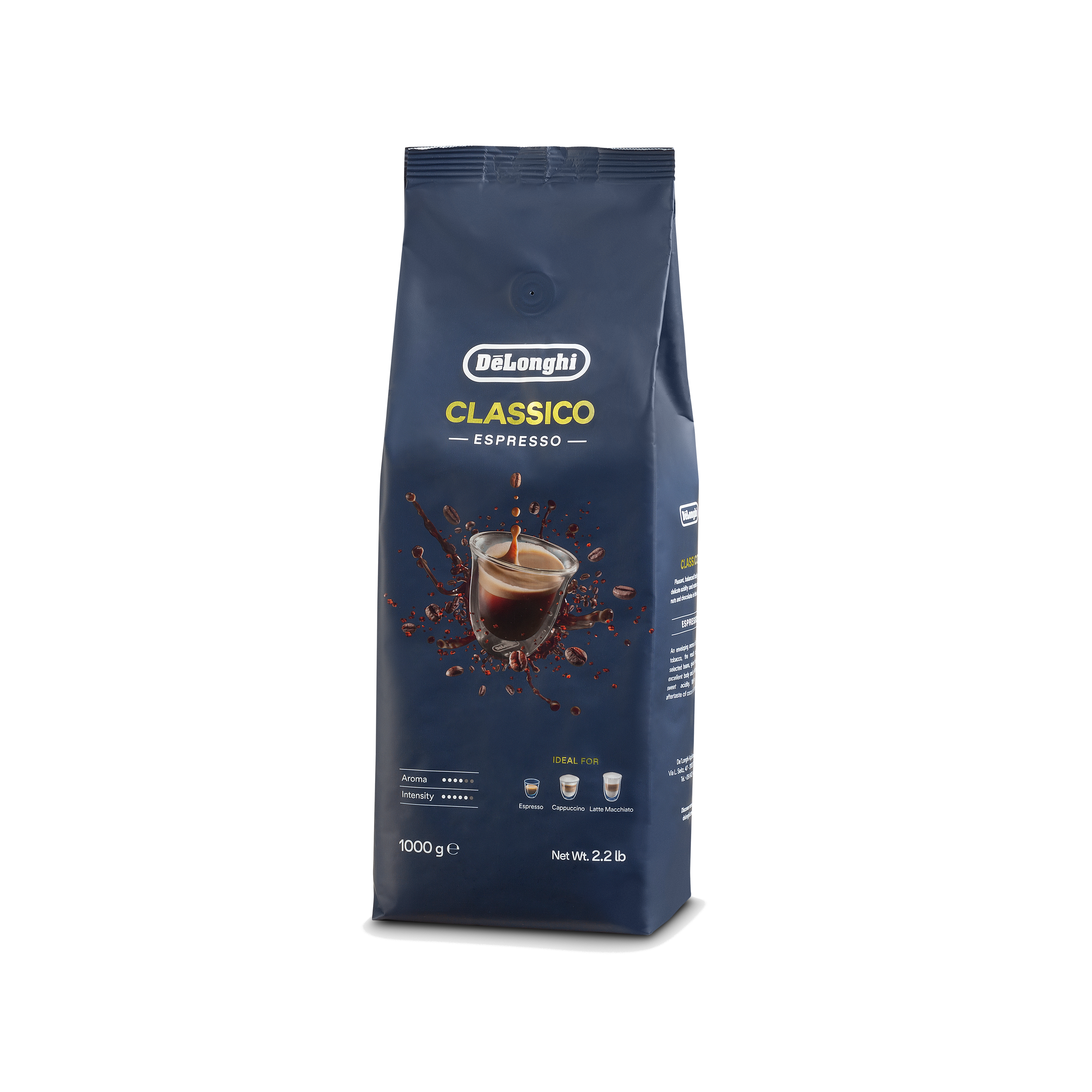 Eine Tüte DeLonghi Classico Espresso Kaffee. Eine Tasse Kaffee mit Spritzern ist vorne.