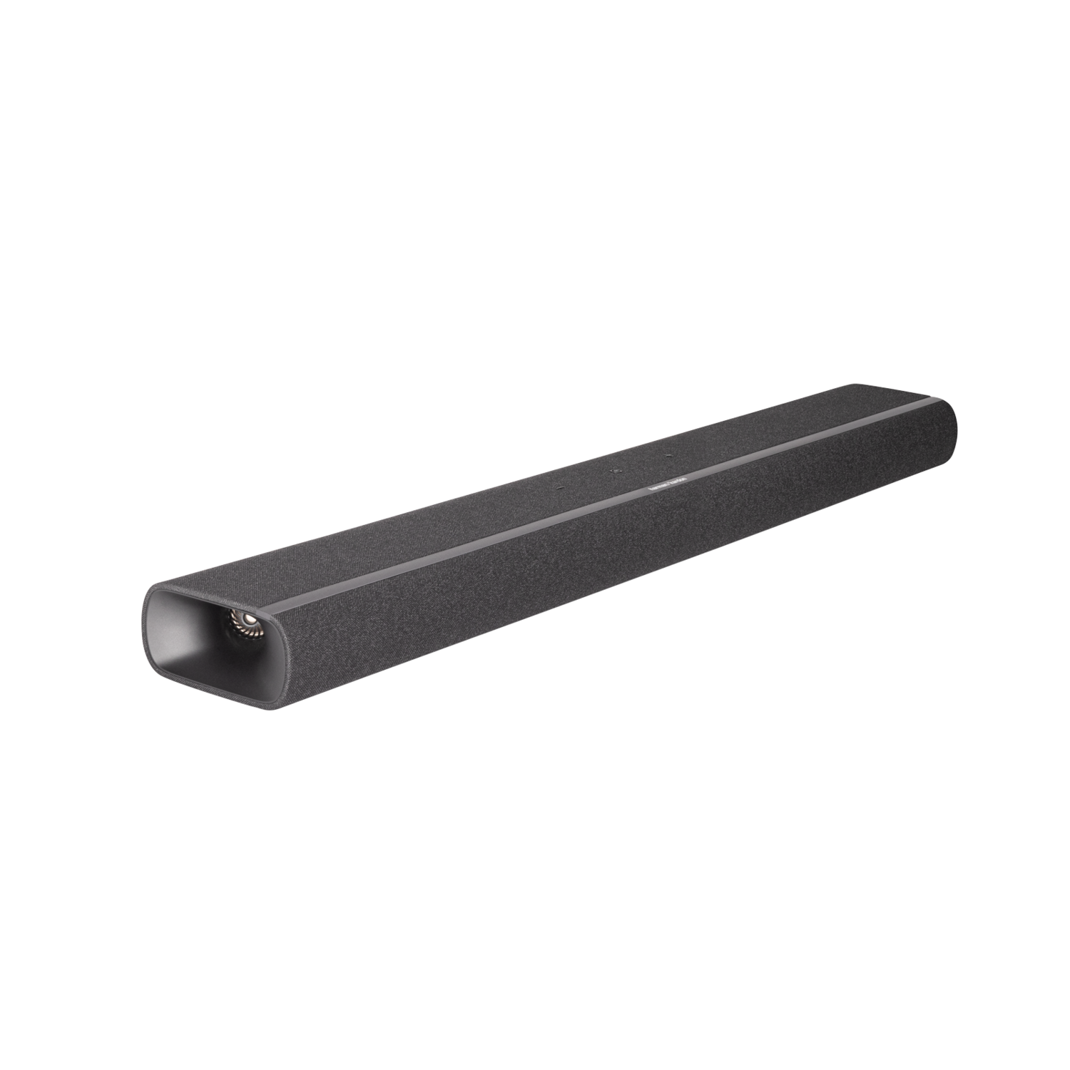 Zwarte soundbar op zwarte achtergrond, met zilveren rand en een luidspreker aan het uiteinde.