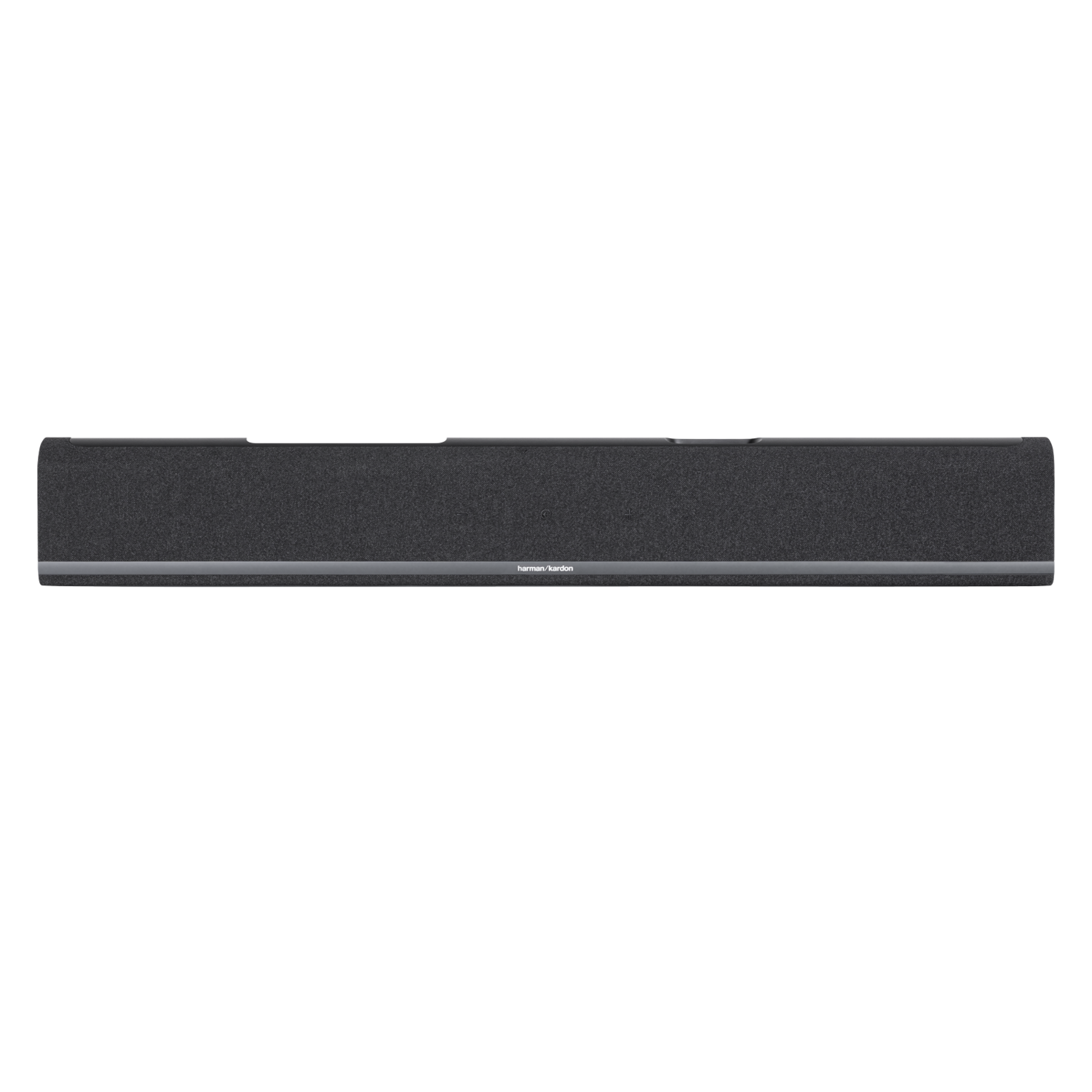 Een zwarte soundbar met Harman/Kardon-merk, tegen een donkere achtergrond met een zwart decor.