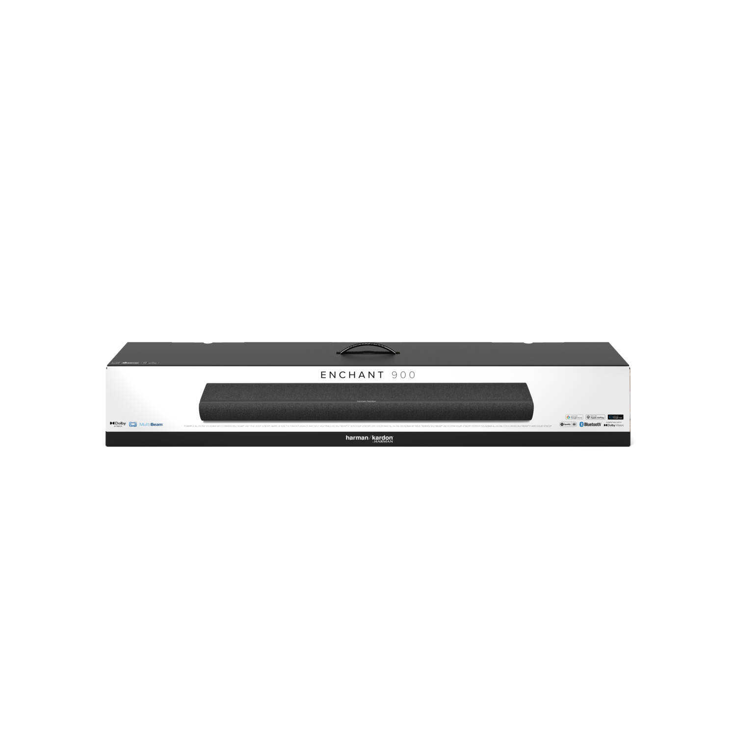 Een zwarte Harman Kardon soundbar in de doos, op een zwarte achtergrond. De doos heeft de productnaam.
